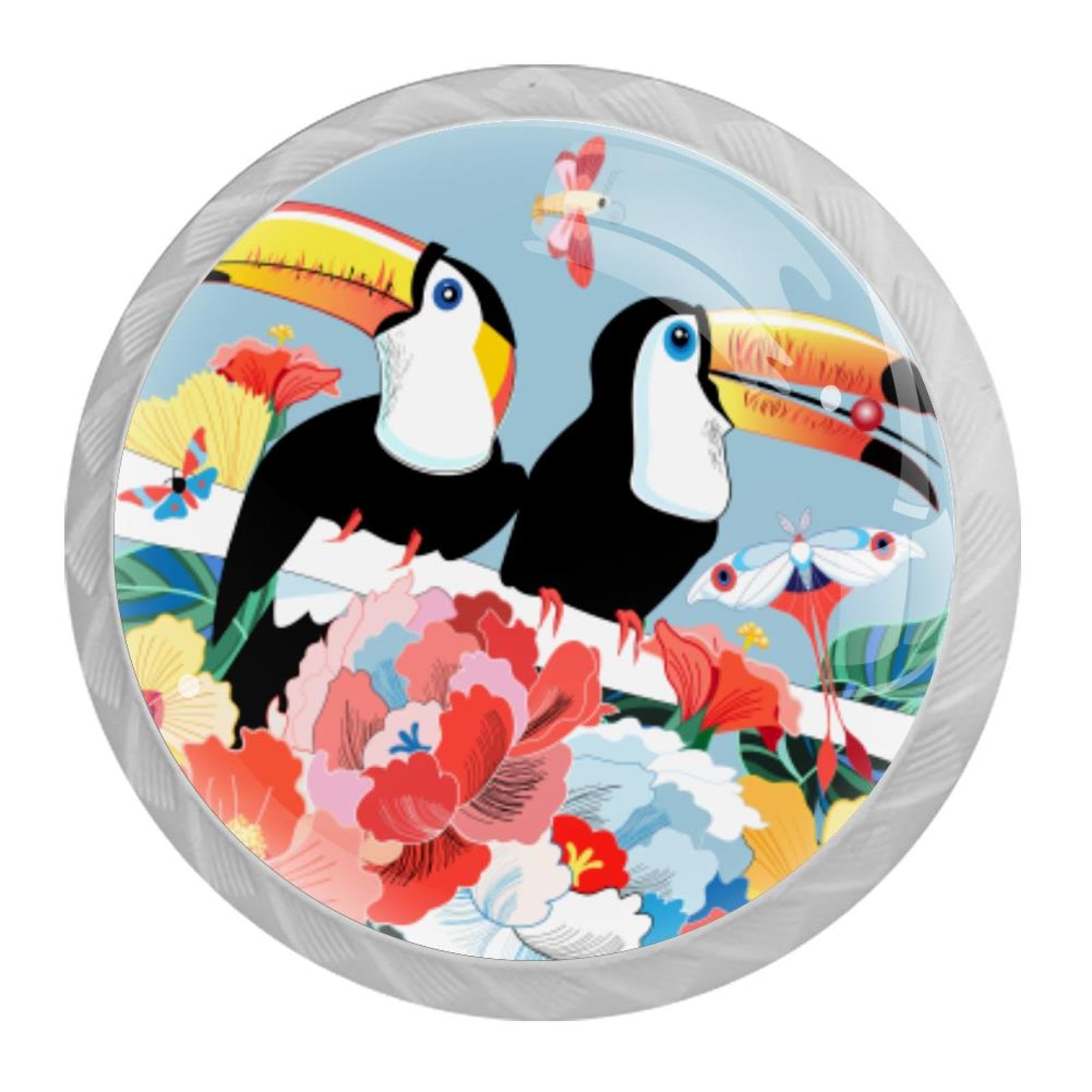 Tqmspg 4 Pieces Drawer Pulls Toucan Birds Floral Flowers Door Knobs Dresser Handles for Kitchen Wardrobe Cupboard Hardware Furniture