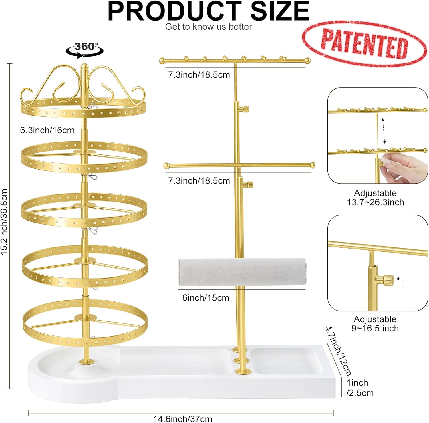 Jewelry Organizer Stand, Metal Rotating Earring Holder Organizer, Multi-Functional Adjustable Necklace Rack Holder Bracelet Watch Holder for Jewelry Earrings Ring (Gold)