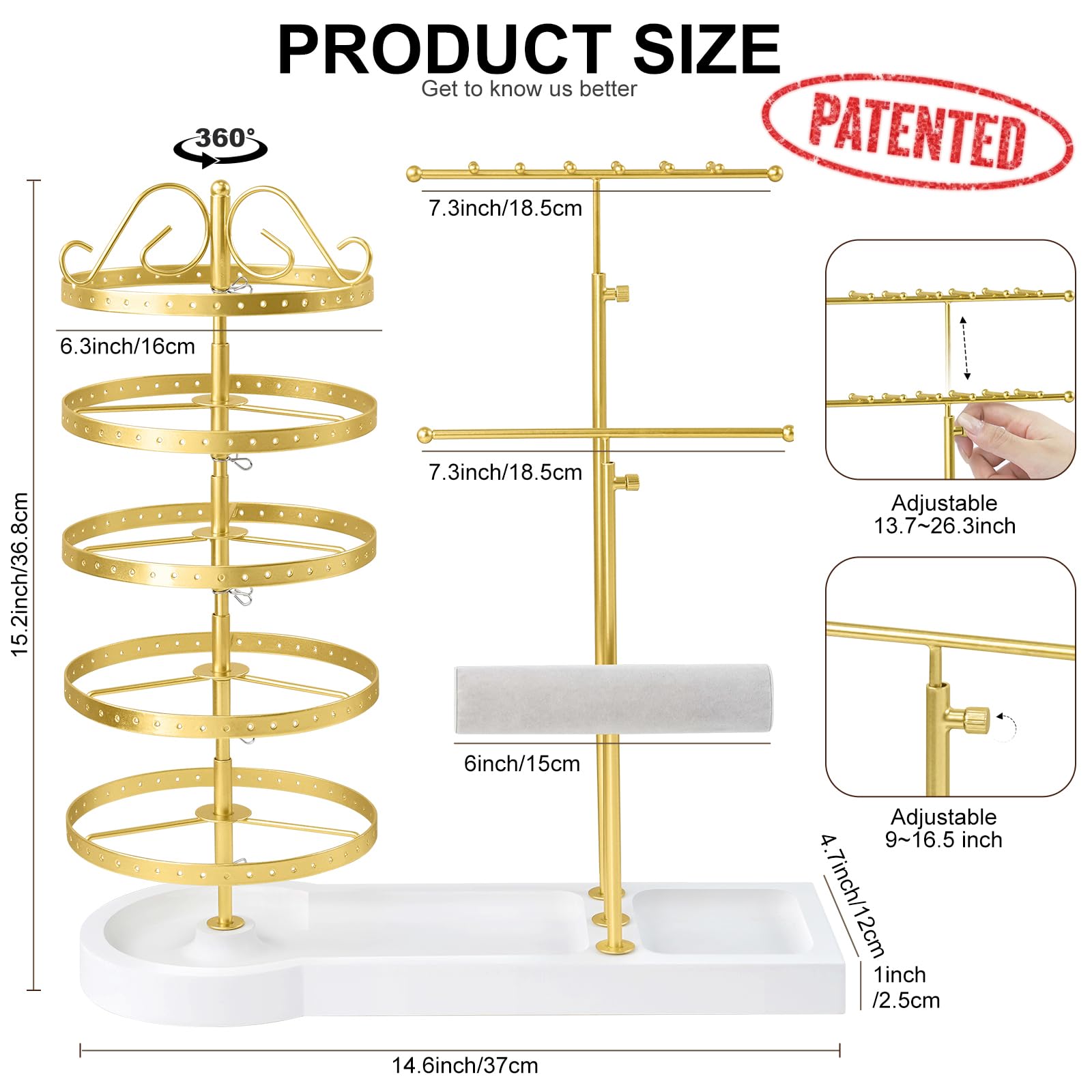 Schmuck-Organizer-Ständer, drehbarer Ohrring-Halter, Organizer, multifunktional, verstellbar, Halskettenhalter, Armband, Uhrenhalter für Schmuck, Ohrringe, Ringe (Gold)