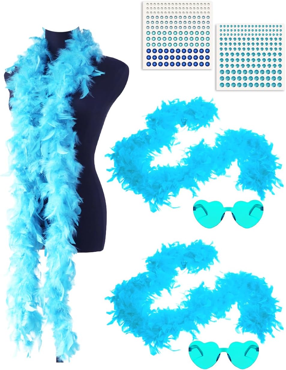 Turkey Feather Boas 6.6ft with Sunglasses and Face Gems 6PCS for DIY Craft Dancing Wedding Party Halloween Costume Decoration