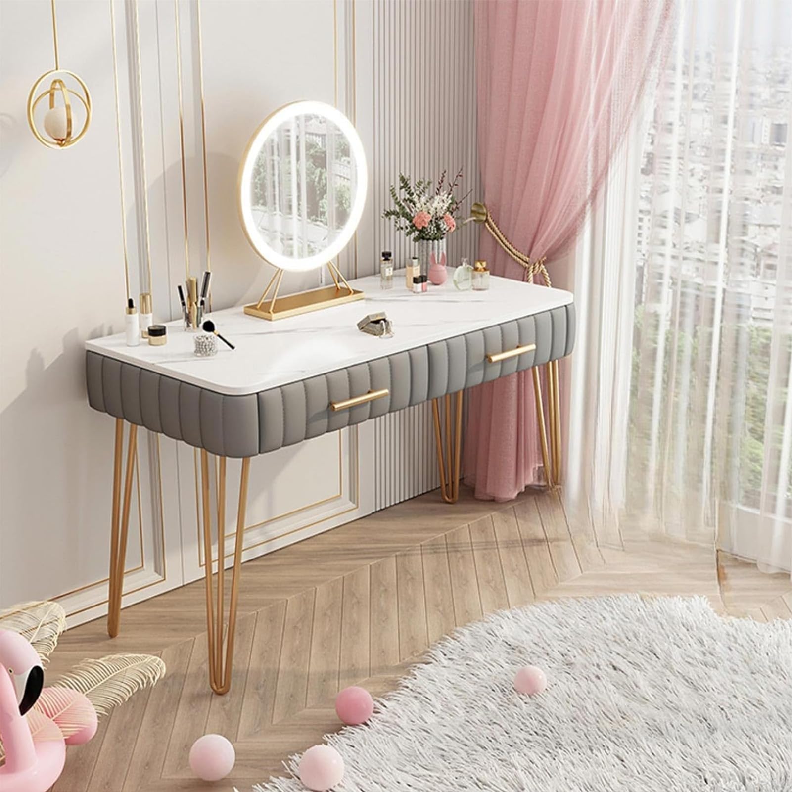 Amazon.com - FCDURACORE Pink Vanity Desk Set with Mirror 2 Big Drawers for  Women and Girls Bedroom Home Office Desk for Christmas Or Birthday,Grey