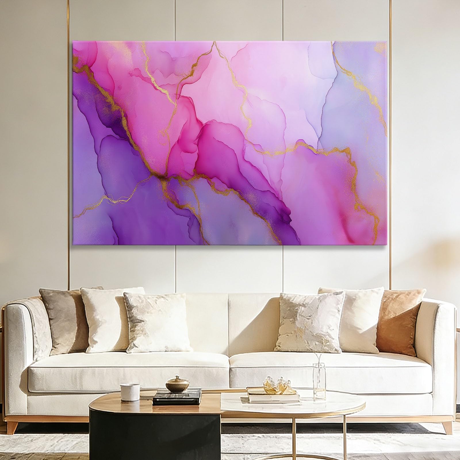 Generisch Modern Marmor Metall Streifen Modernes Leinwandbild 140L x 70B cm mit Rahmen, Abstrakt XXL Wanddeko für Wohnzimmer Geschenk Idee Einzug - Hochwertiger Kunstdruck auf Holzrahmen