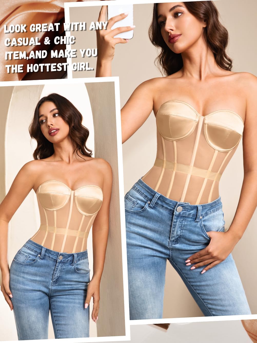Kaei&Shi Sheer Mesh Overbust Corset,Sexy Strapless Lace Up Satin Bra Corsets Top For Women Shapewear - Image 4