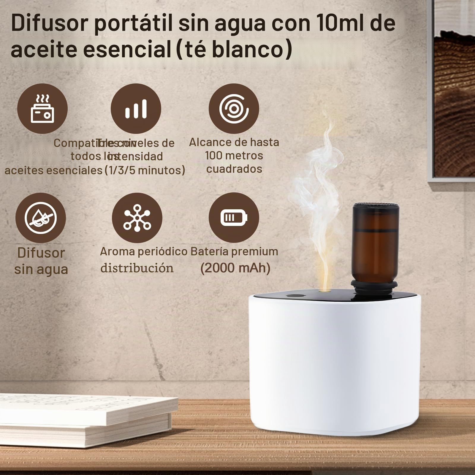 Difusor de aceites esenciales sin agua, mini difusor de aromaterapia inalámbrico con batería, difusor circular de fragancia, adecuado para el hogar, hogar y oficina