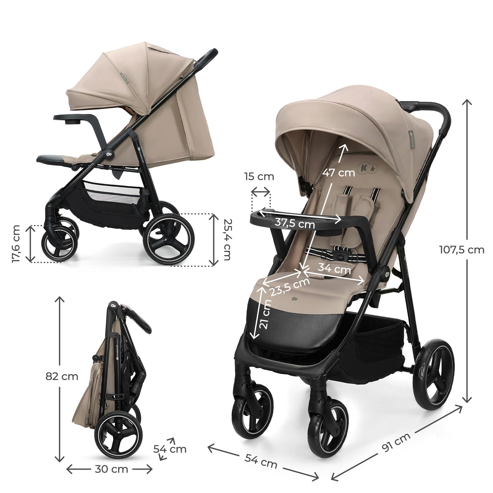 Kinderkraft TRIG 3 con vassoio, Passeggino 22 kg, CLICK & FOLD, Beige