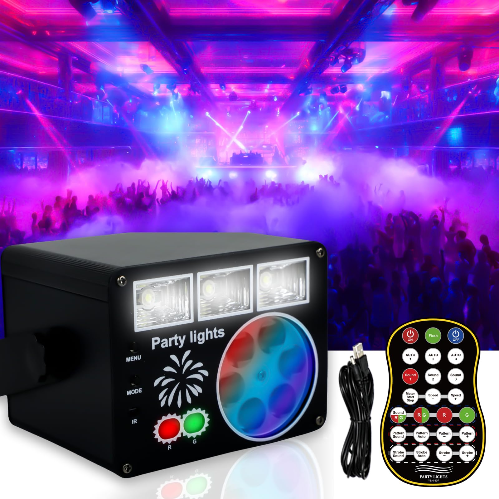 Luces de escenario con haz amarillo y verde, 3 efectos estroboscópicos blancos y patrones LED RGBYW, sincronización de música activada por sonido, control remoto para fiestas de DJ, clubes