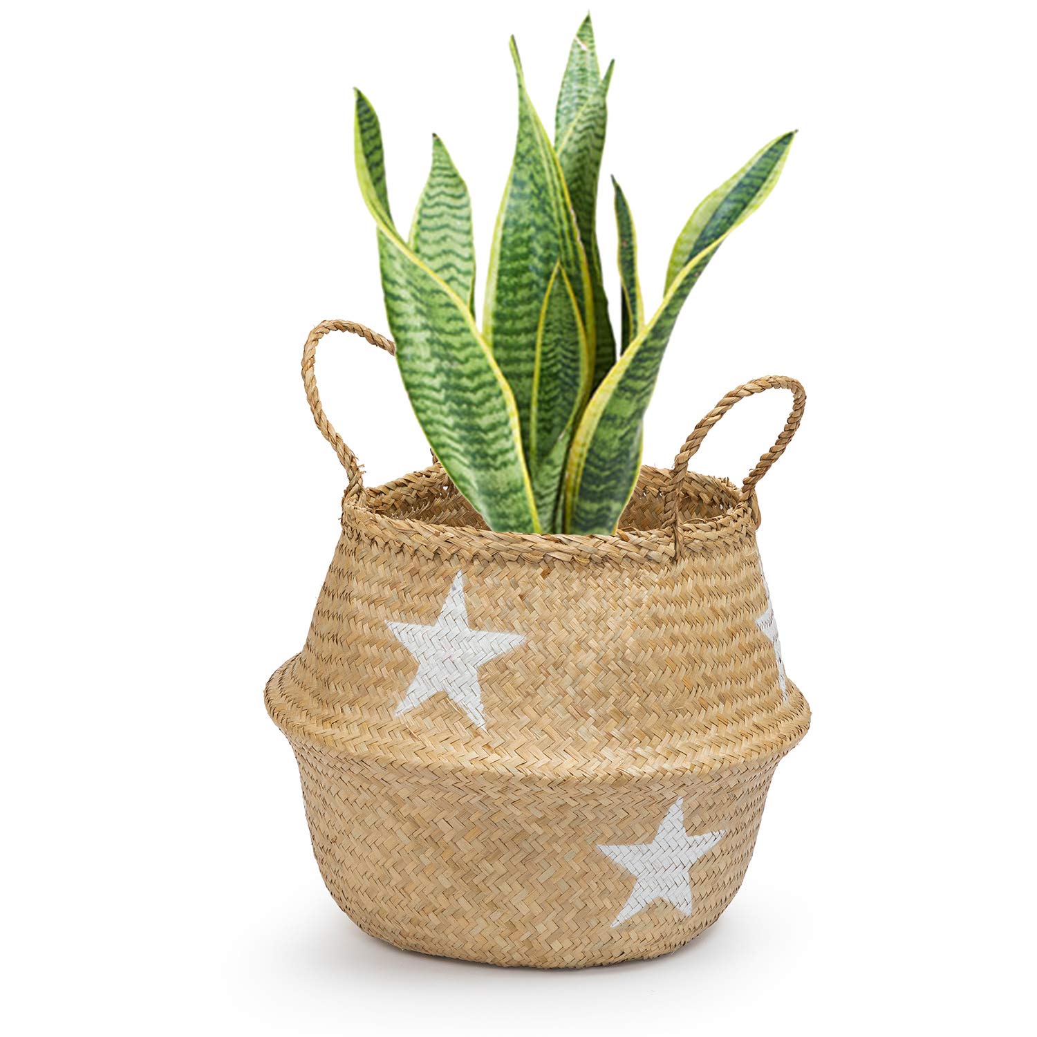 Seagrass Round Basket with Handles, Decorative Woven Basket, Plant Holder, Picnic Basket or Indoor Storage for Blankets, Toys or Laundry, by Toma Design (White -Star, Small)