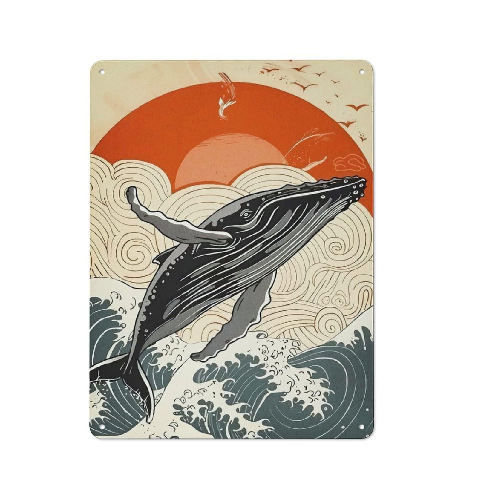 Junmoney Whale Breaching Ocean 40X30cm Retro Metal Plaque With For Kitchen Or Home Bar, For Garage, Workshop And Man Cave Decoration