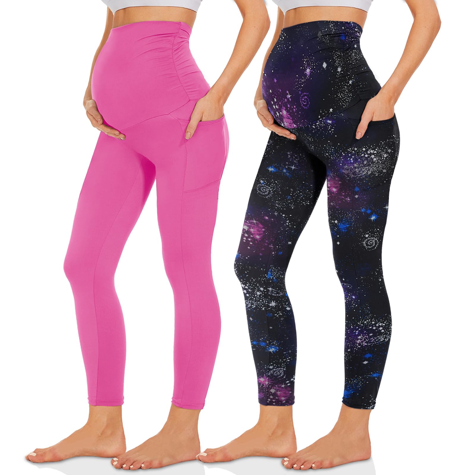 QGGQDD2 Pack Maternity Leggings Over The Belly with Pockets, Womens Black High Waisted Workout Pregnancy Pants