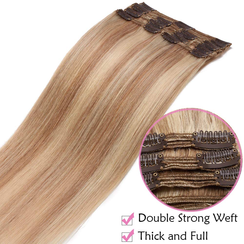 SEGO Extension Capelli Veri Clip Biondi Meches Lisci Naturali 50cm 8 Fasce Volumizzante Double Weft 100% Remy Human Hair Umani 150g #18P613 Biondo Cenere mix Biondo Chiarissimo