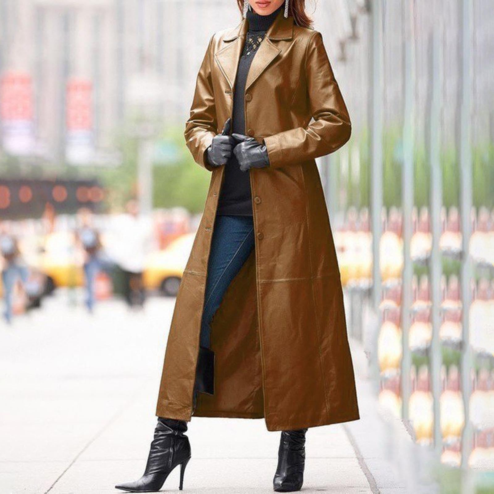 Costume 2026 pour femme - Veste en cuir synthétique boutonnée - Maxi long trench - Vestes de moto pleine longueur