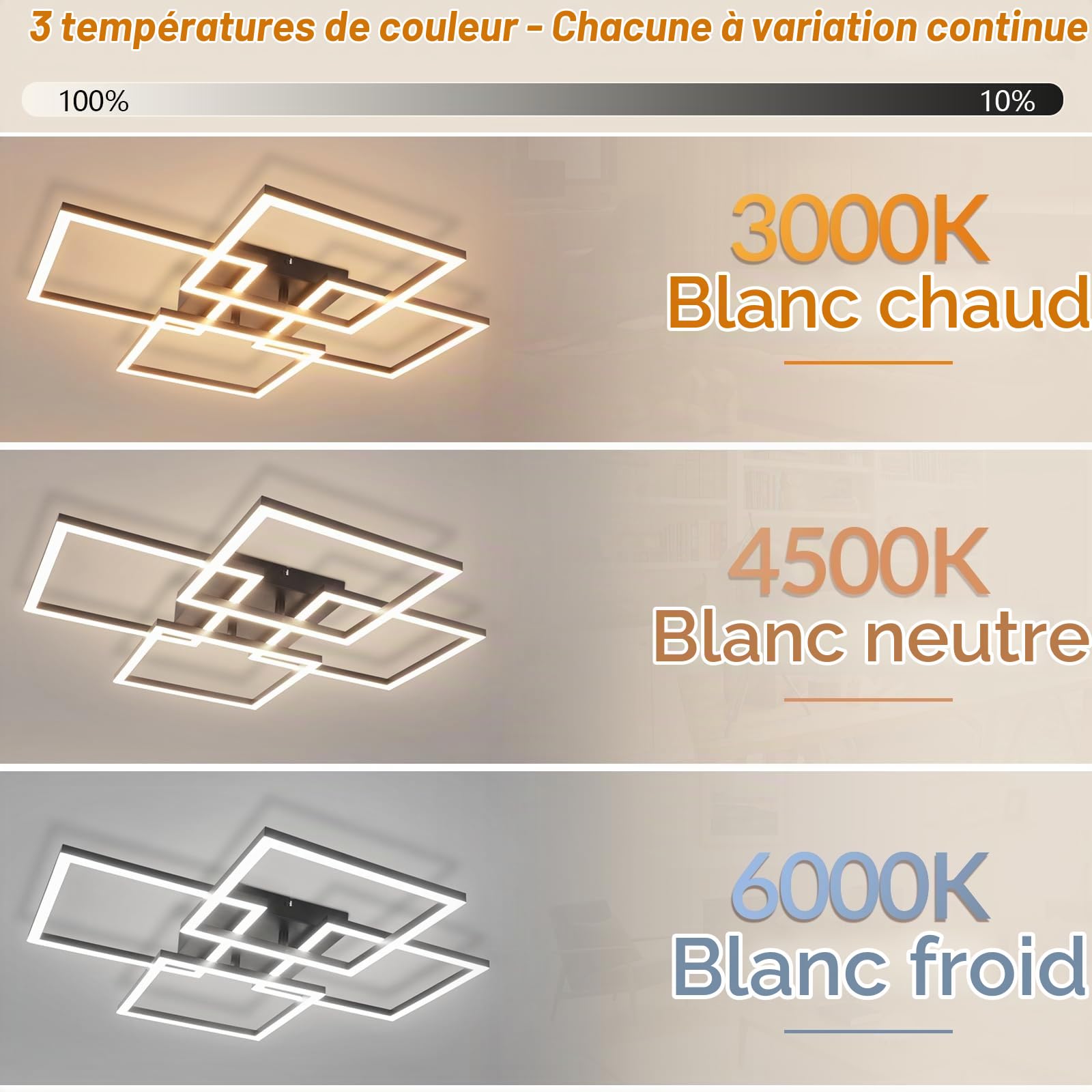 Homefire Plafonnier LED, 43W 6200lm Moderne Lampe de Plafond 3000K-6500K,