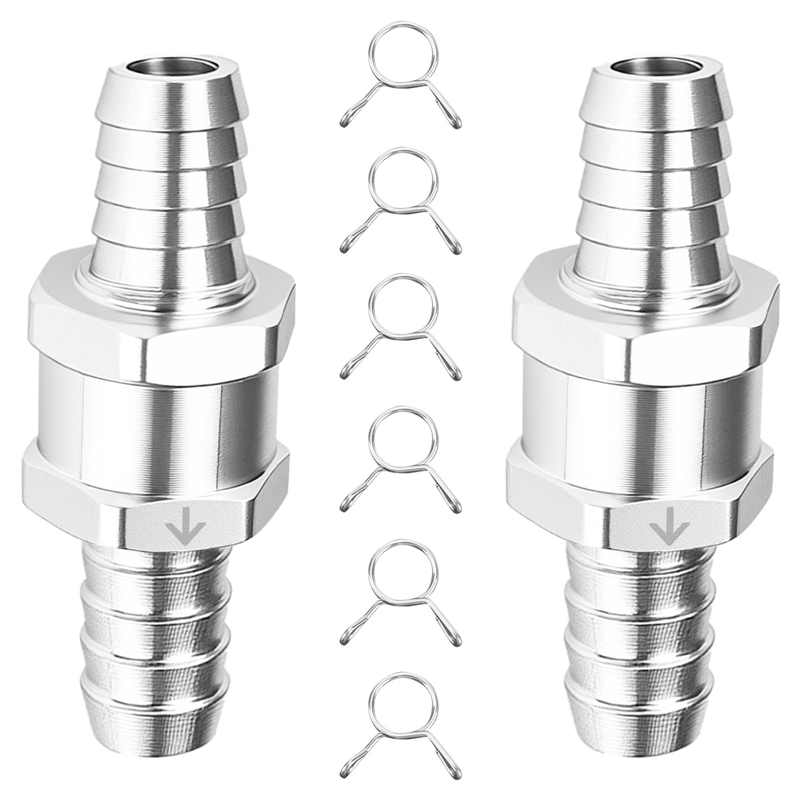 Hiahxc Sliver 2Pcs 12Mm Non Return One Way Check Valves,Aluminum Alloy Fuel Check Valve With 6 Fuel Hose Clamps,Fuel Non-Return Valve,Anti-Backflow One Way Aluminium Fuel Valve For Petrol Diesel Water (12Mm (1/2"))