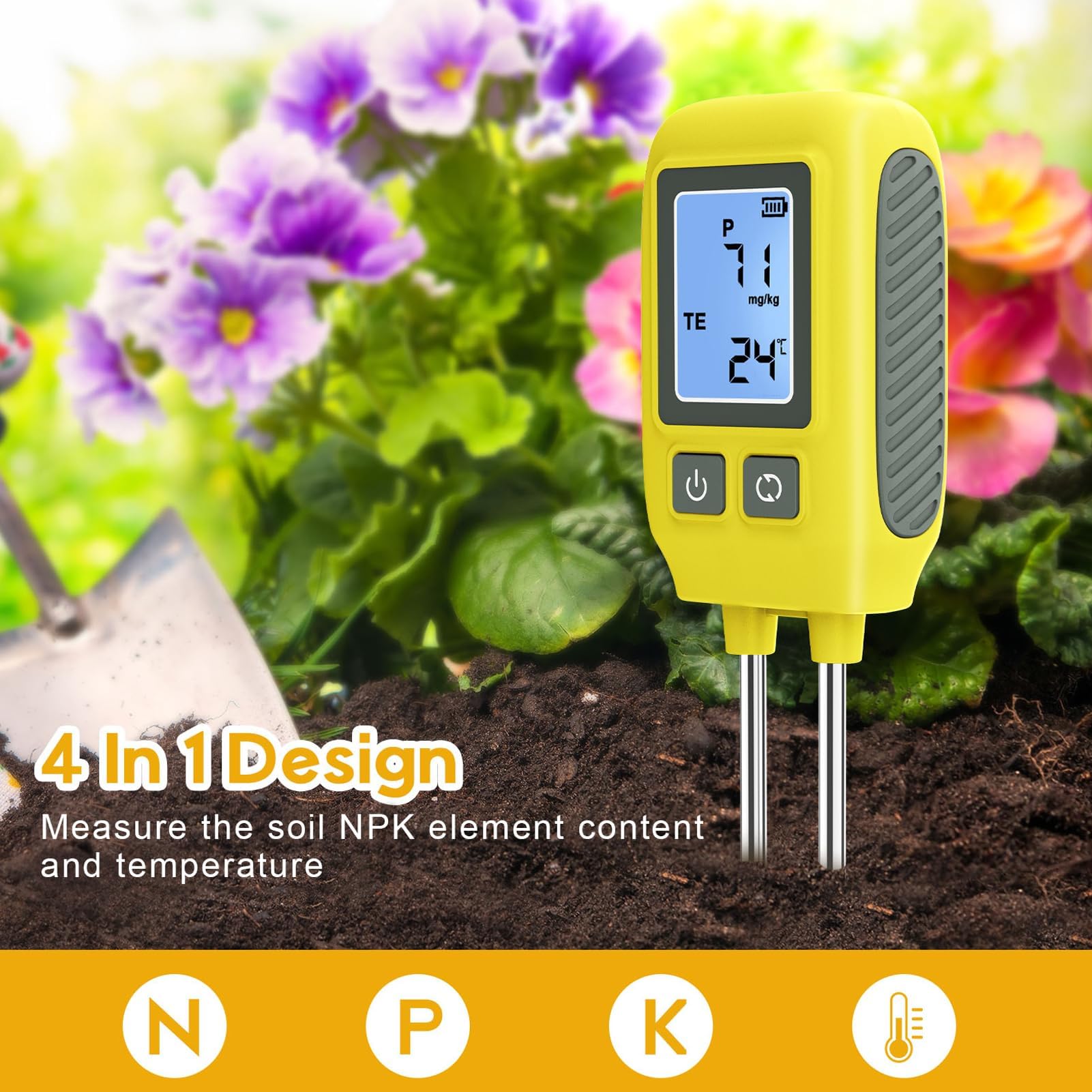 Medidor de Suelo 4in1 para Temperatura Potasio Nitrógeno con Pantalla Digital Sonda Acero Inoxidable para Plantas Jardín Jardinería Uso Hogar