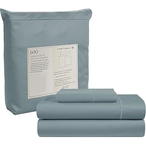 LANE LINEN 100% Cotton Twin Size Sheet Set - 600 Thread Count 3 Piece Twin Bed Sheet Set with Deep Pocket Fitted Sheet, Luxury Hotel Sheets, Breathable, Smooth & Soft Sheets & Pillowcase Set - Blue