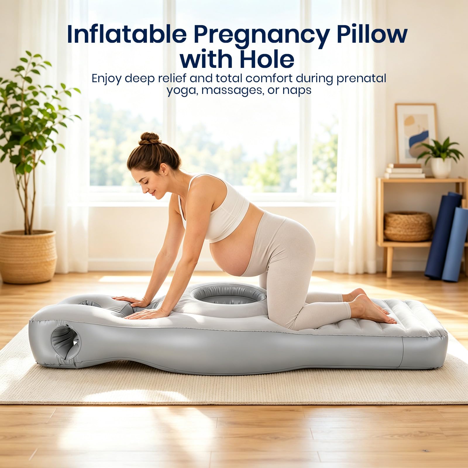 Cojín hinchable de embarazo con abertura abdominal, colchón de aire de PVC flocado para embarazadas para tumbarse sobre el estómago, con bomba y bandeja de agua extraíble, ideal para embarazadas y