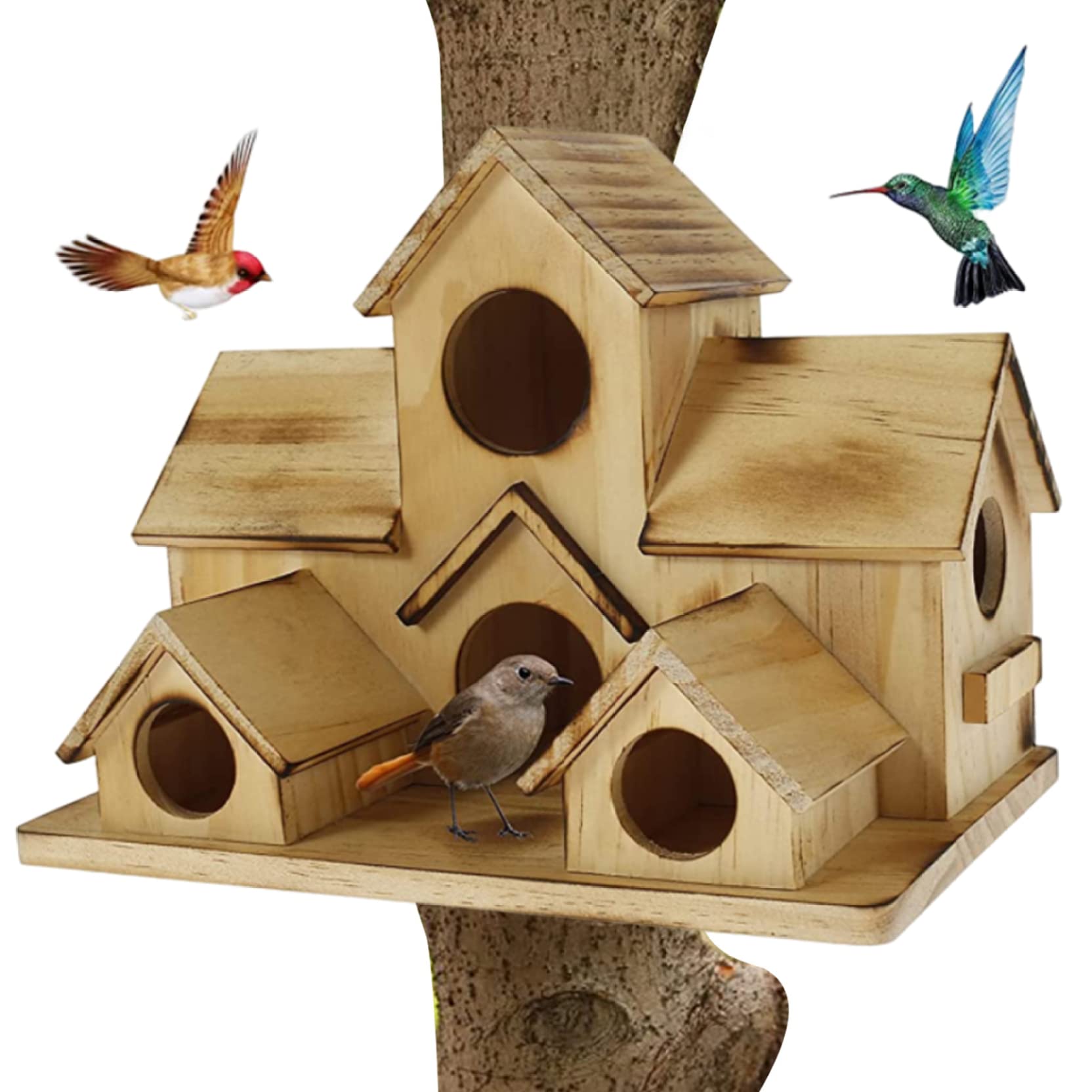 Maison d'oiseaux en bois à 6 trous pour l'extérieur et la décoration du jardin