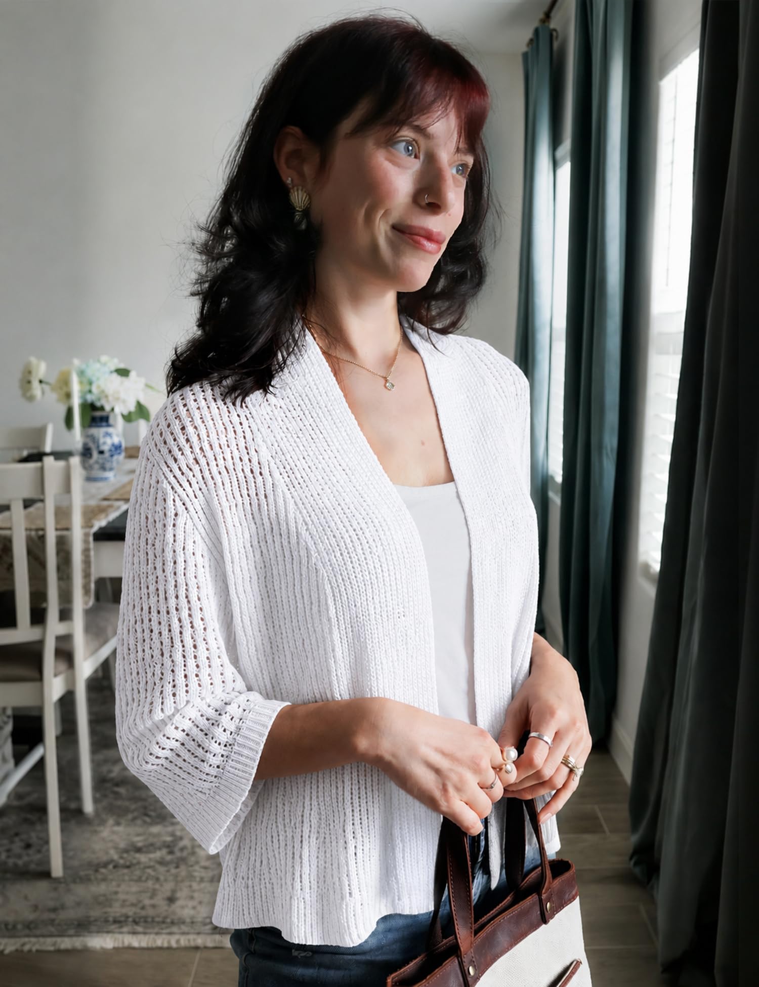 Kistore Bolero Damen 3/4 Arm Strickjacke Kurz Offen für Kleider Leichter Häkelstrick Cardigan für Hochzeit & Büro Weicher Kurzstrickjacke Shrug