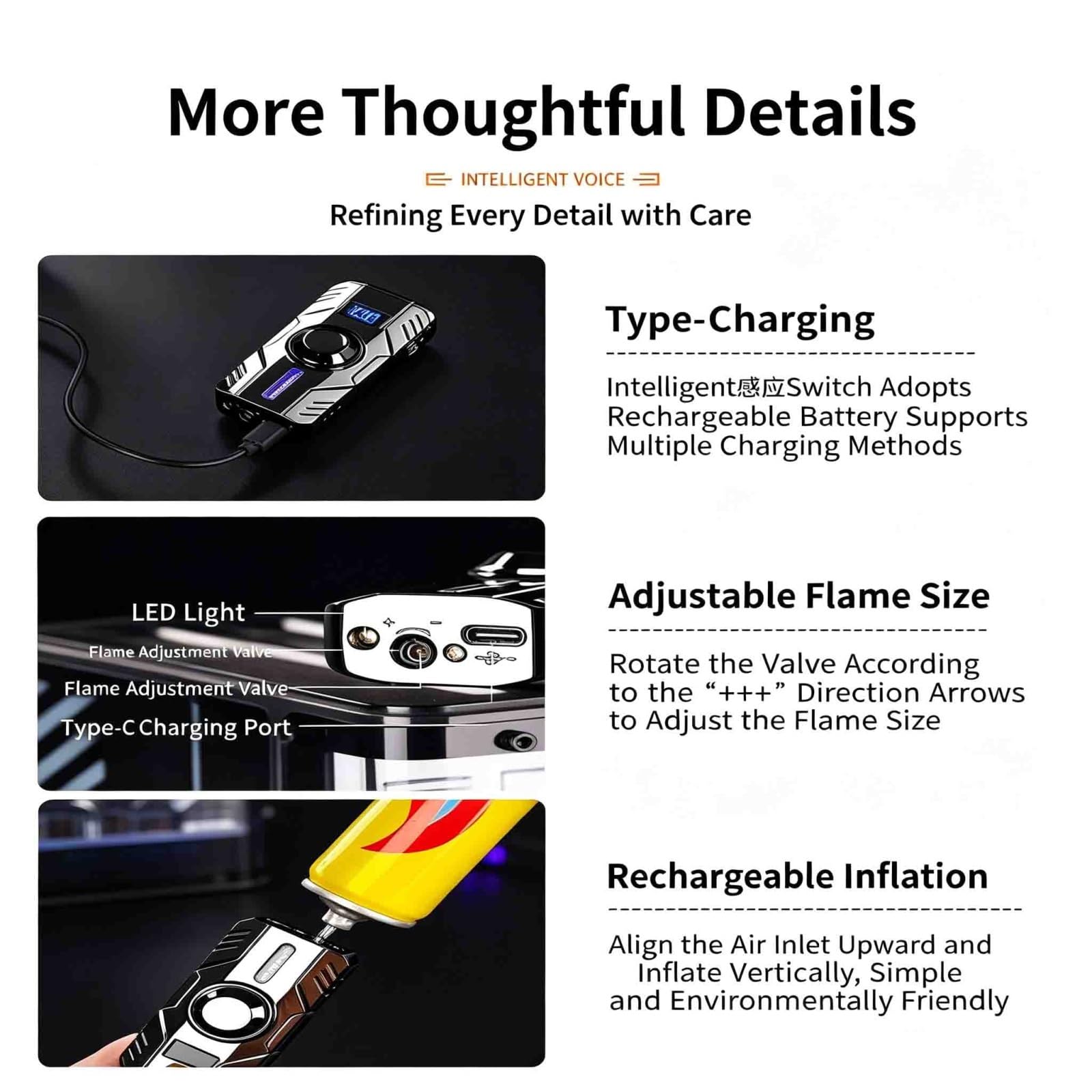 Briquet portable à jet de butane avec lumière LED et indicateur de niveau de gaz, cadeau rechargeable pour lui, parfait pour le camping, les barbecues et les activités de plein air