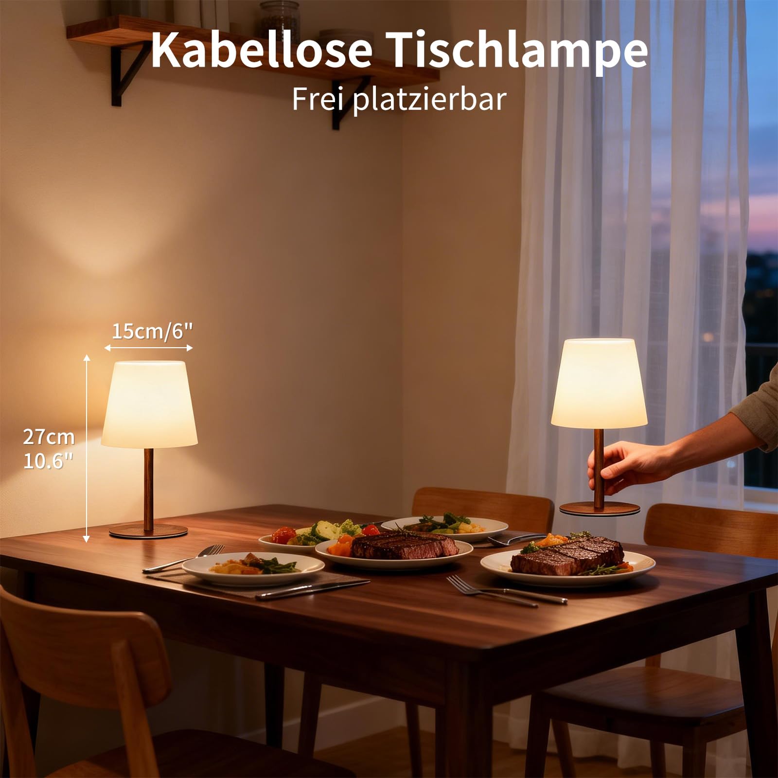 2er Set kabellose Tischlampe mit Fernbedienung, IP64 spritzwassergeschützt, Weißlicht bis 130 lm + RGB, 4000mAh Akku, 2 Höhen 27/41cm, stufenlos dimmbar, Timer, für innen & außen