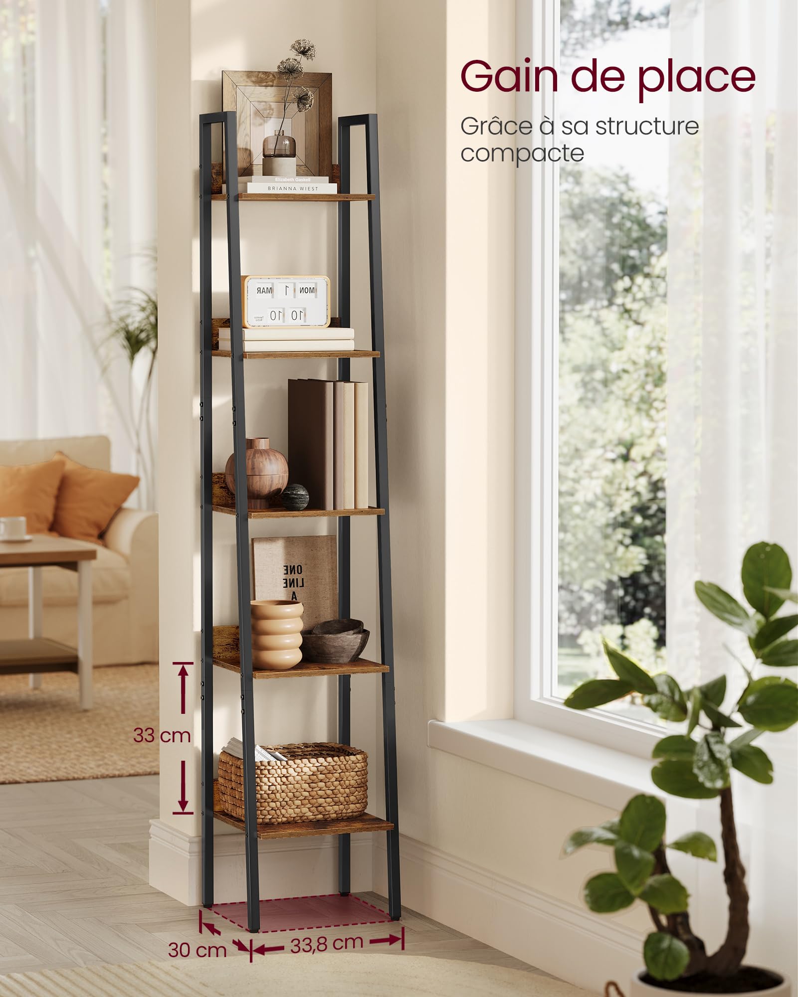 VASAGLE Étagère Échelle, Bibliothèque à 5 Niveaux, Meuble de Rangement sur Pied, Bureau, Salon, Chambre, Cuisine, Style Industriel, Marron Rustique et Noir LLS109B01
