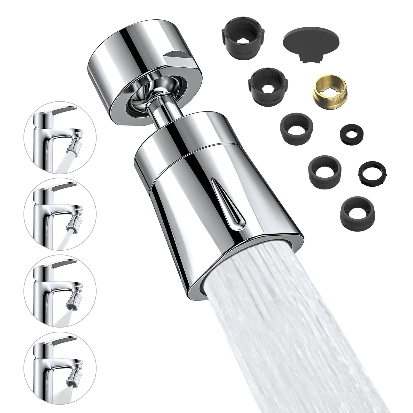 Hibbent 4 Spray Modes Kitchen Tap Sprayer Head, 360° Rotation and 70° Adjustable Tap Aerator, Solid Brass Rotating Ball and ABS Shell, 22 Female Thread with 6 Adapter, Chrome