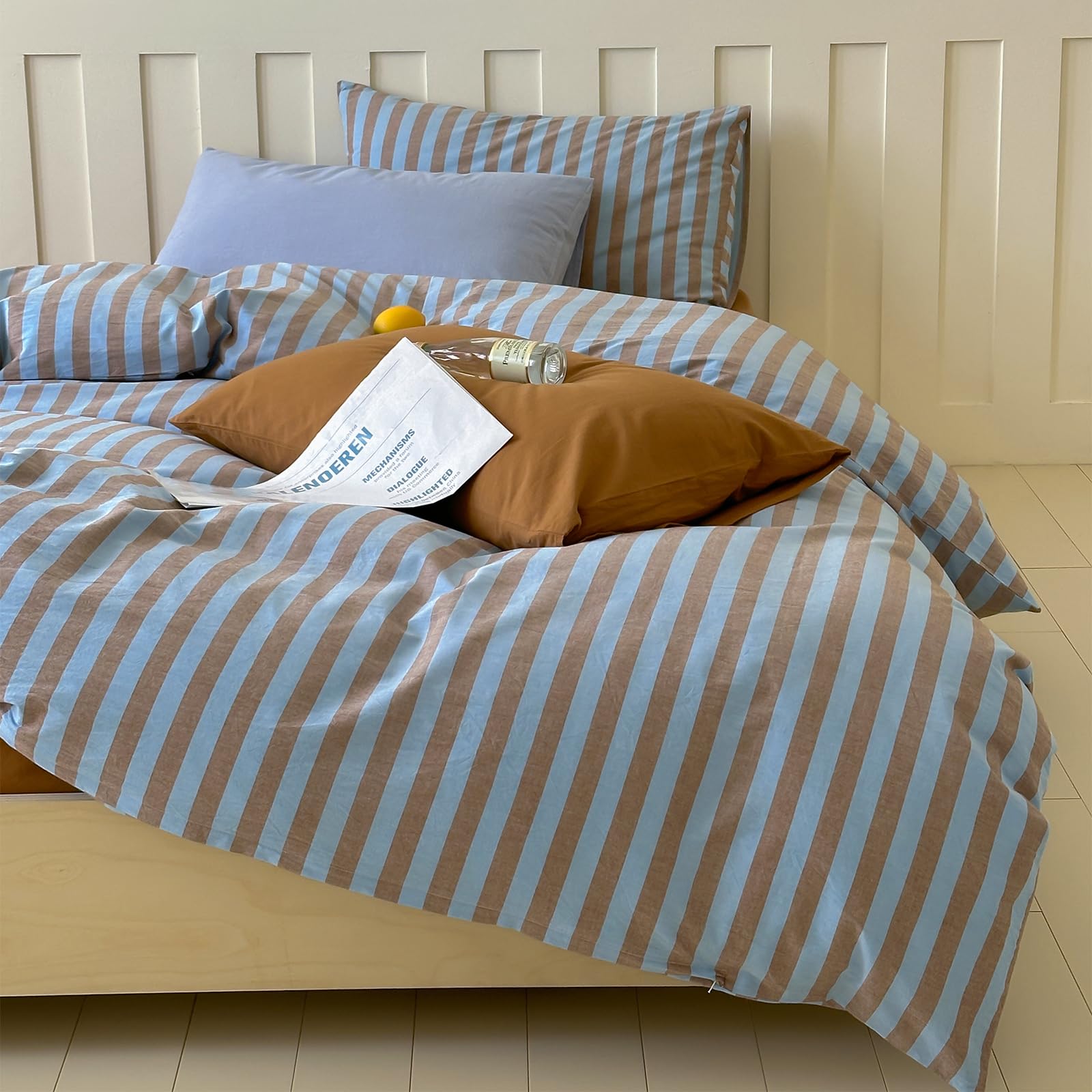 LifeTB Vintage Striped Comforter Set Twin XL, Blue Brown Stripes Print Reversible Bedding Set, 3 Pieces Lightweight Bedding Comforter with 2 Pillowcases, Farmhouse Striped Twin XL Comforter Set โ image 1