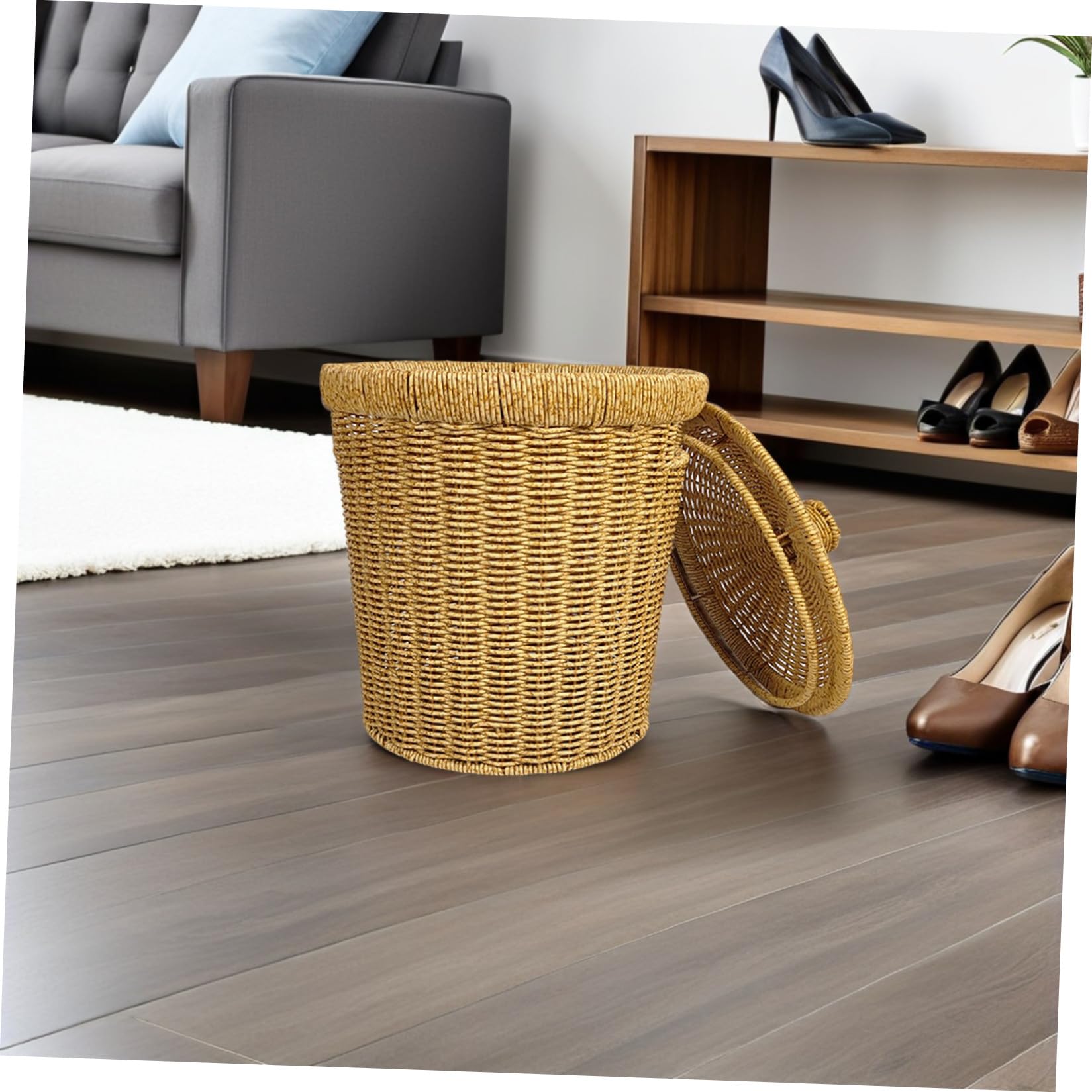 Cestino dei Rifiuti Leggero Intrecciato Rotondo con Coperchio in Pp e Struttura in Ferro e Decorativo, per Bagno e Camera