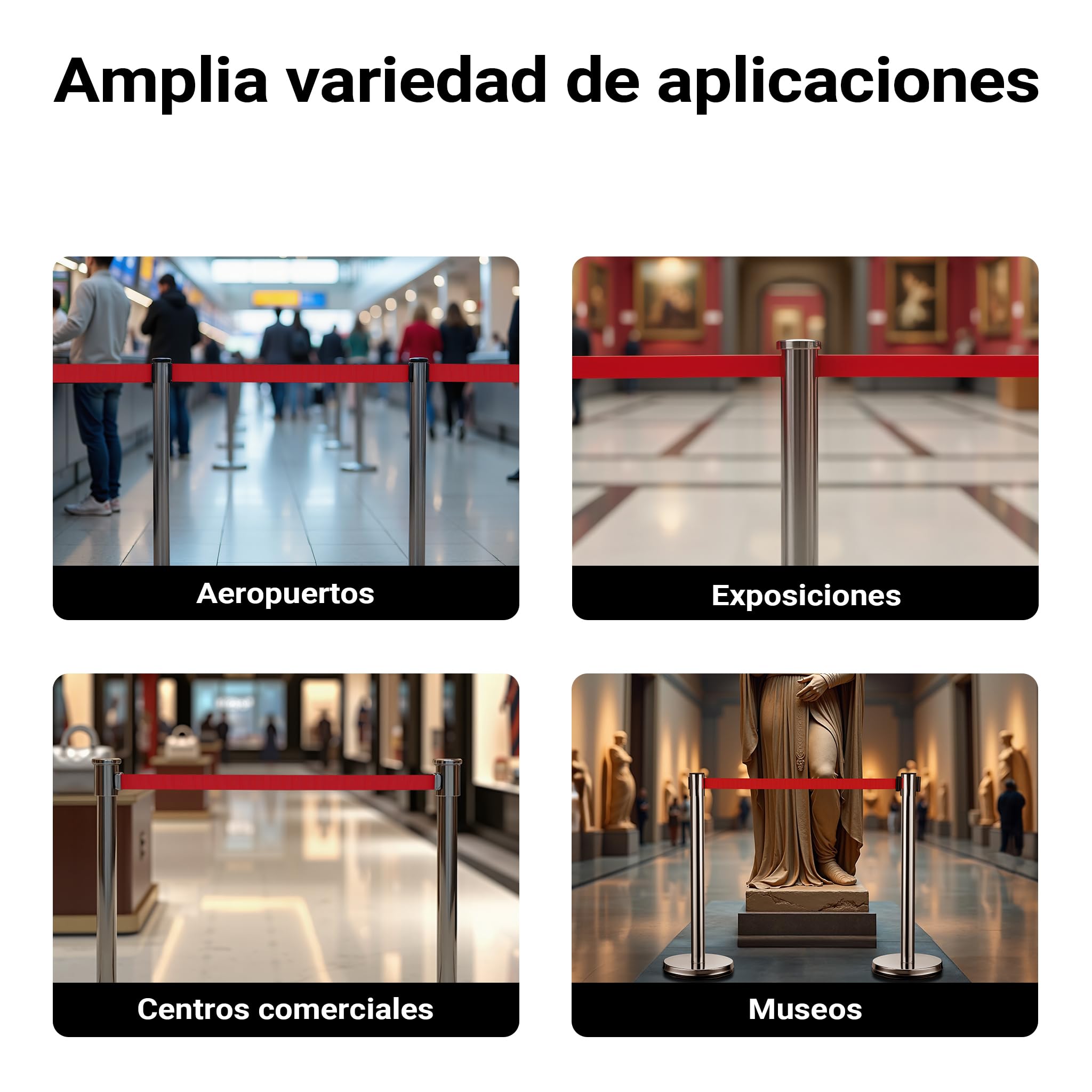 Wiltec Juego de 2 postes separadores con cinta retráctil roja 200 cm, acero inoxidable