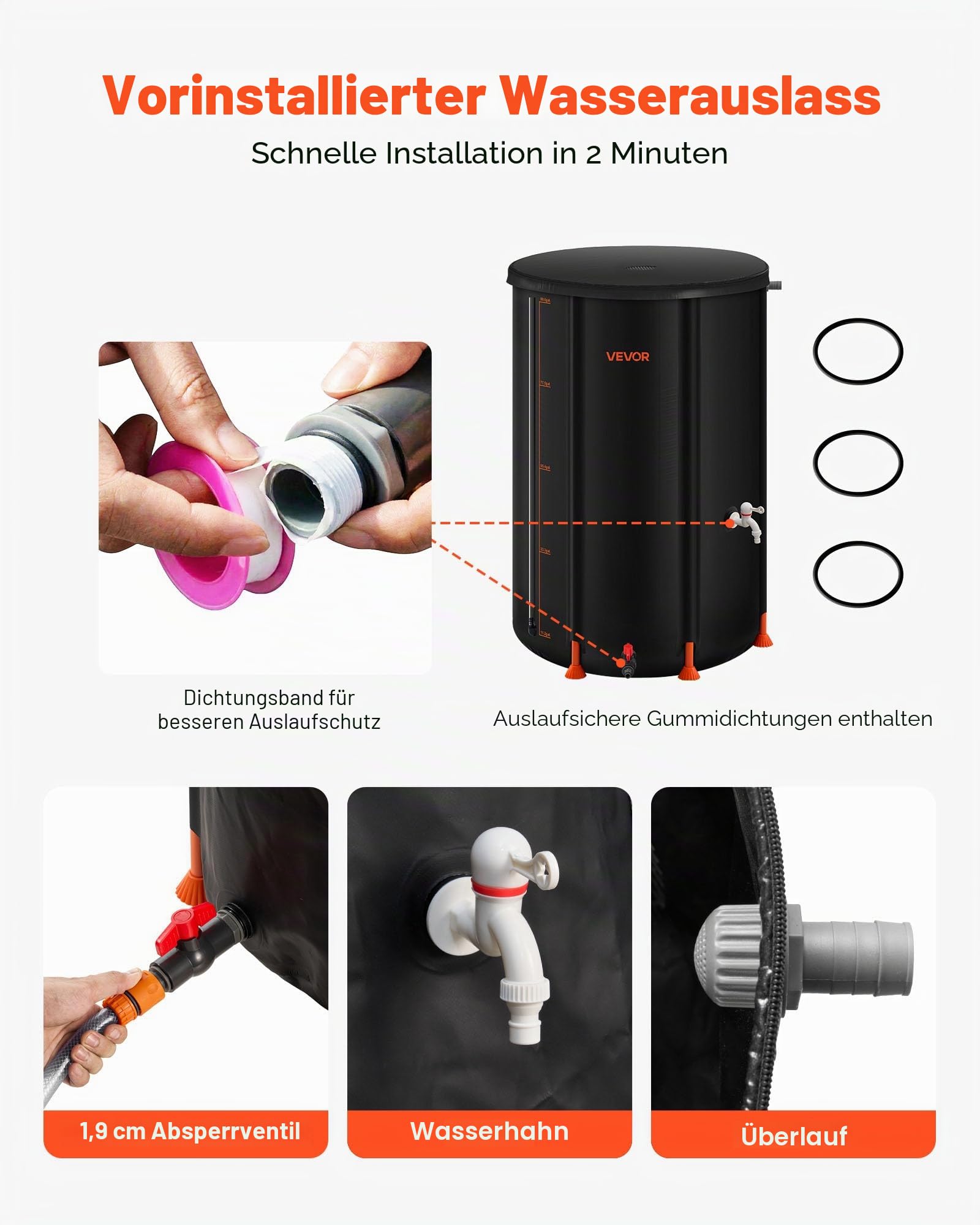 VEVOR Regentonne faltbar, 250 L tragbares Regenfass, Regenwassertank, 500D PVC-Regenwassersammelsystem, Wassertank, Regenwassertonne mit Zapfhahn und Überlaufset, Schwarz