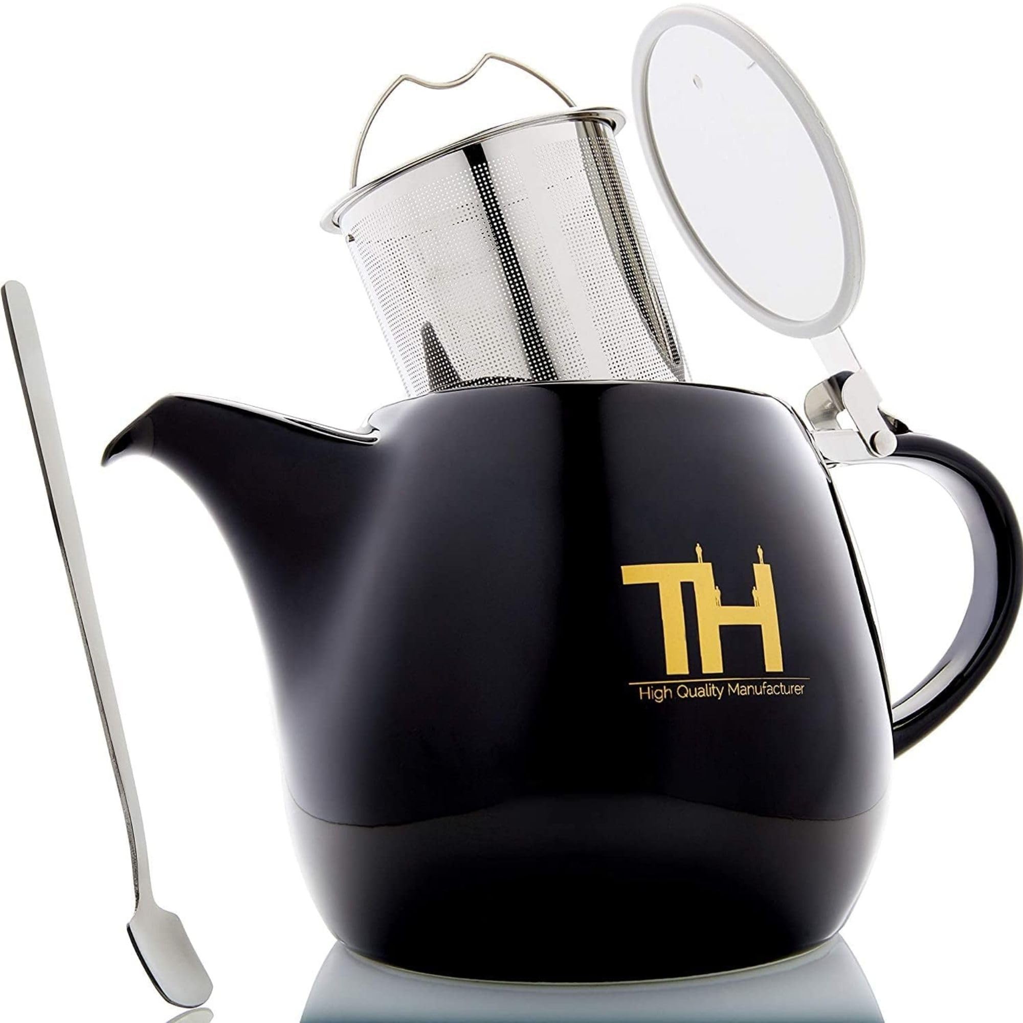Thiru Design Teekanne mit Edelstahl Siebeinsatz 1,2L - Handgefertigte Premium Teekanne Porzellan Keramik - neuer Deckel - Sieb herausnehmbar - Modell 2023