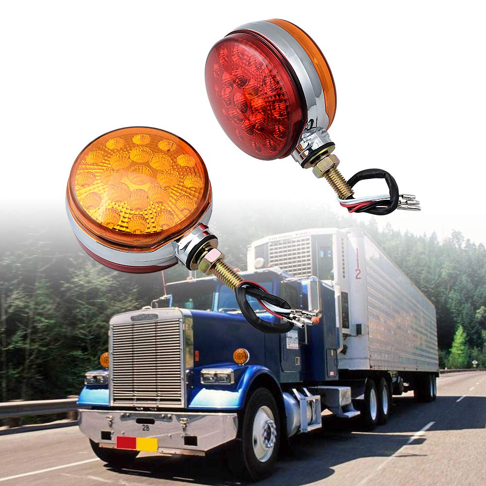 AMOPA 2X 4 inch Round Double Face Amber Red 42-LED Chrome ABS Housing Sealed Single Stud Mount Fender Reflective Stop Indicator Turn Signal Lights Compatible with Kenworth Peterbilt Freightliner Volvo