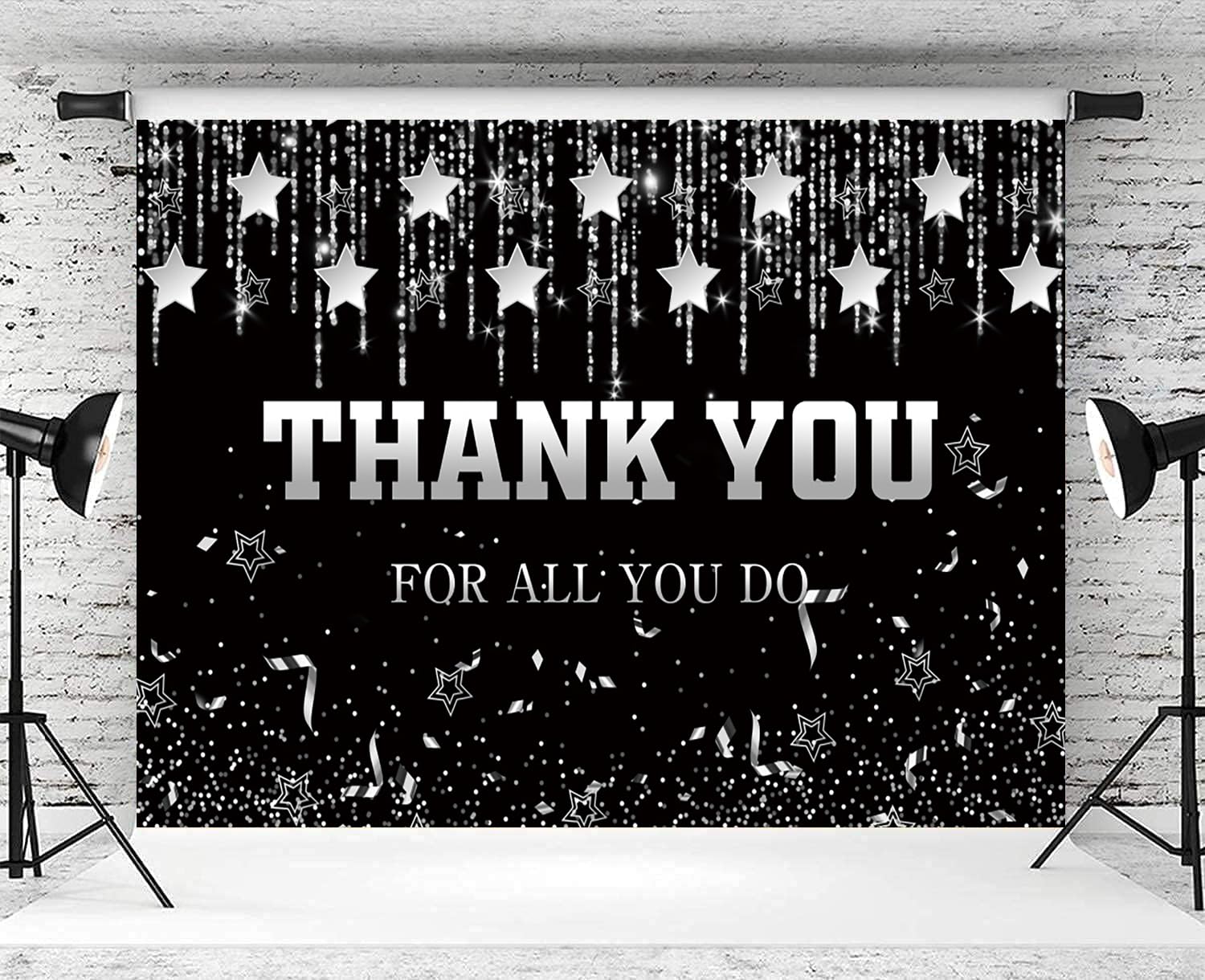 Fondale fotografico con stelle argentate e nere con scritta "Thank You for All You Do", 1,8 x 1,2 m, per personale, insegnanti, medici, pensionamento, decorazioni per studio fotografico