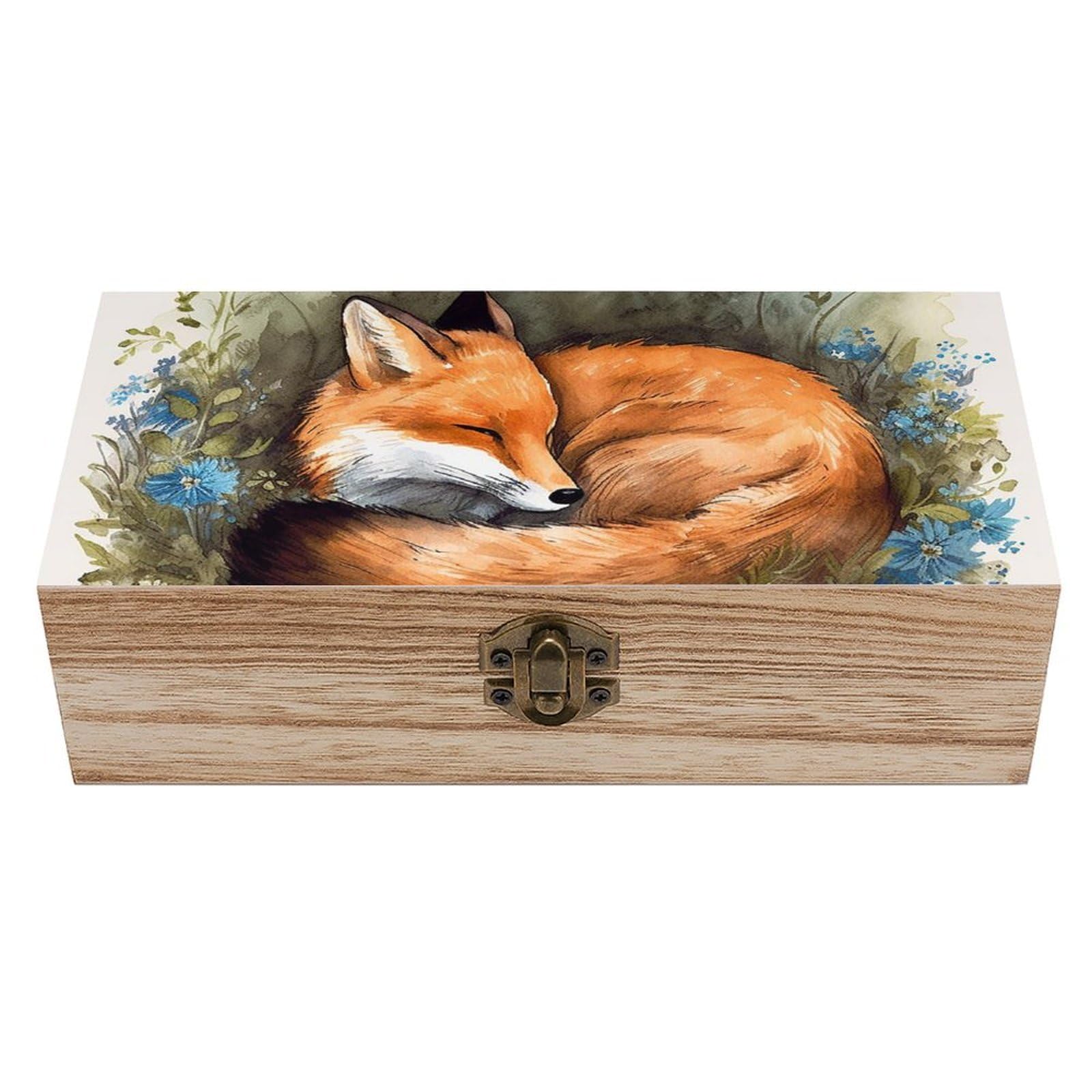 peiyeety A Sleeping Fox Wooden Storage Box Jewelry Organizer Box with Hinged Lid Decorative Container Rustic Keepsake Boxes for for Crafts Photos Gifts Home Office Decoration