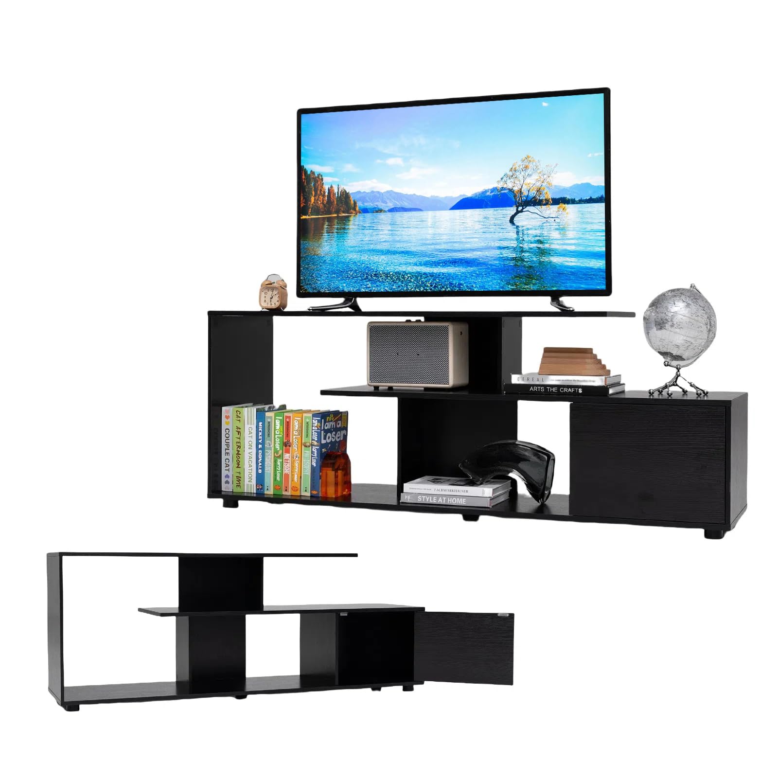 KOMFOTTEU Szafka pod telewizor do 55 cali, 3-poziomowa ławka telewizyjna z szafą drzwiową, stolik pod telewizor z regulowanymi nóżkami, 152 x 38 x 58,5 cm, do salonu, sypialni i biura (czarny)