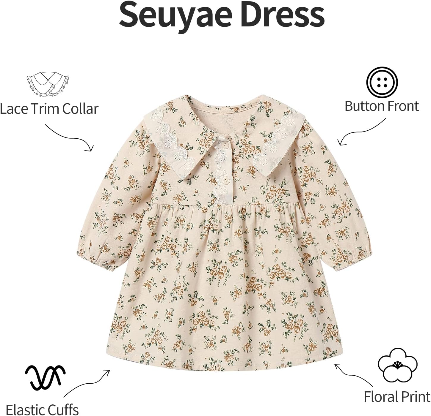 Baby Girl Floral Dress Brushed Cotton Knee Length Fall Outfit 6M-4T - Image 3