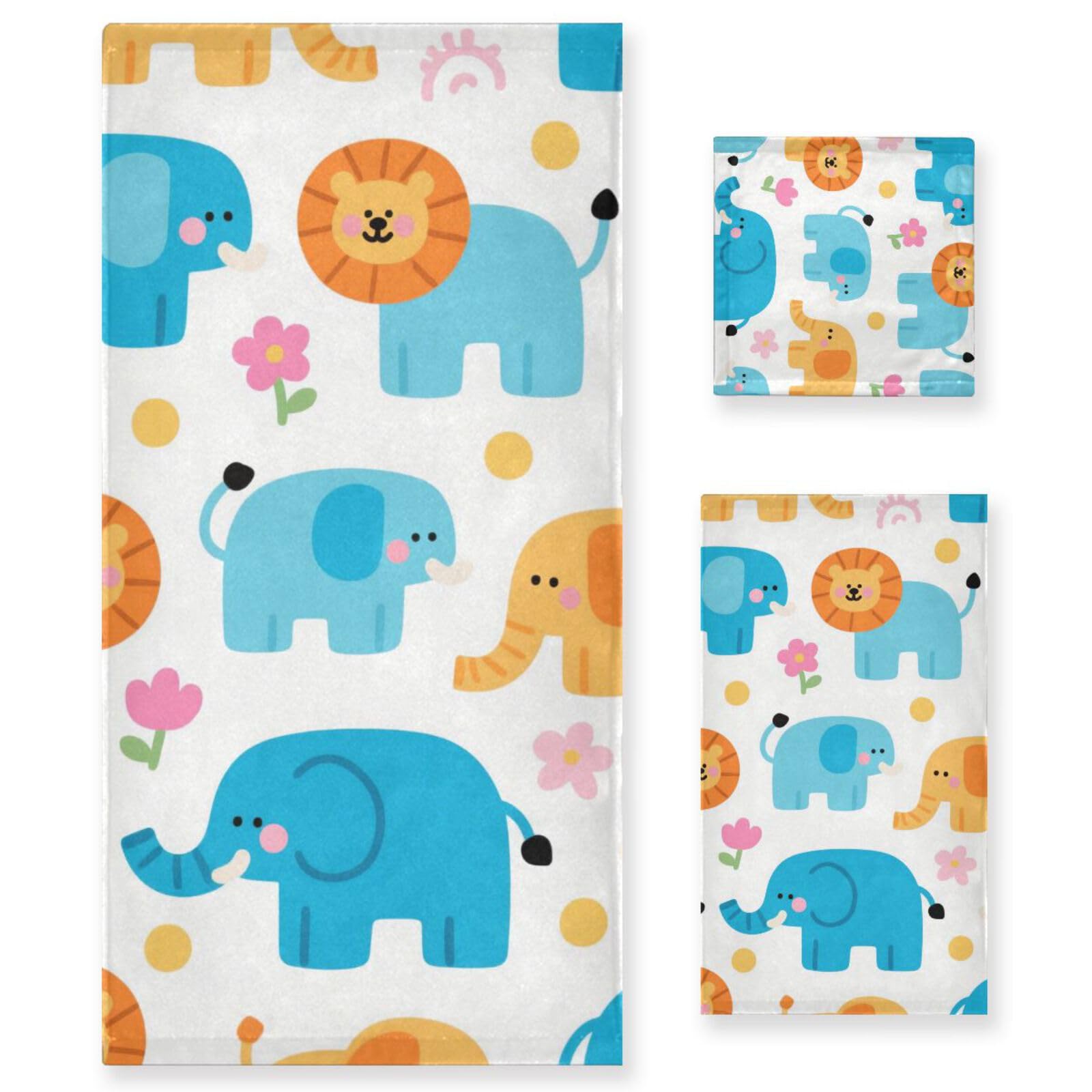 Set di 3 asciugamani decorativi per il viso con elefante e leone in stile cartone animato, 1 asciugamano da bagno, 1 asciugamano per le mani, 1 panno per cucina, bagno, yoga, palestra