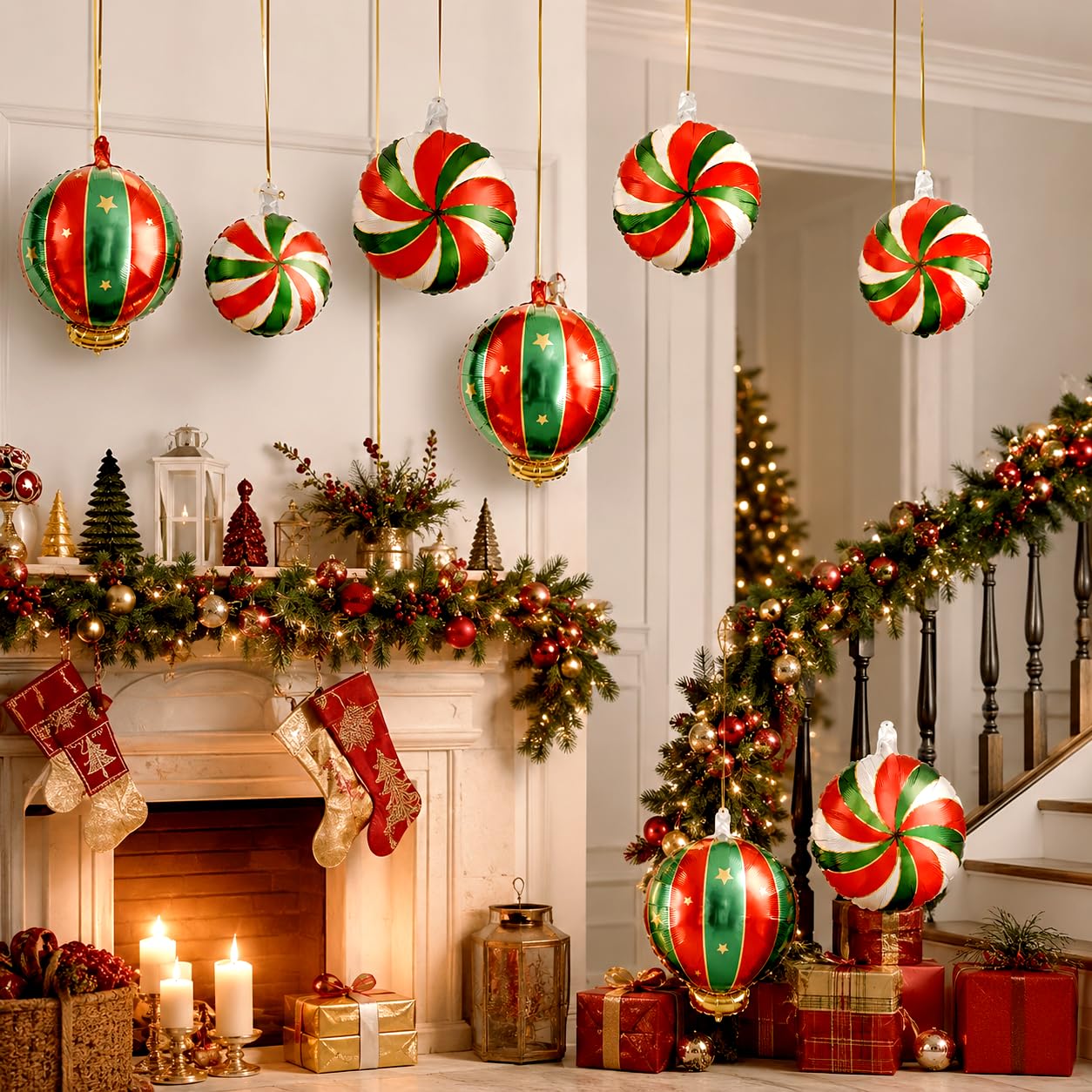 Weihnachten Folienballons Set, 9 Stück Groß Weihnachts Deko Süßigkeiten Hängende Weihnachtskugel Helium Ballons, Rot Grün Gold Weihnachtsdeko Bonbon Candy Luftballons für Christmas Party Dekoration