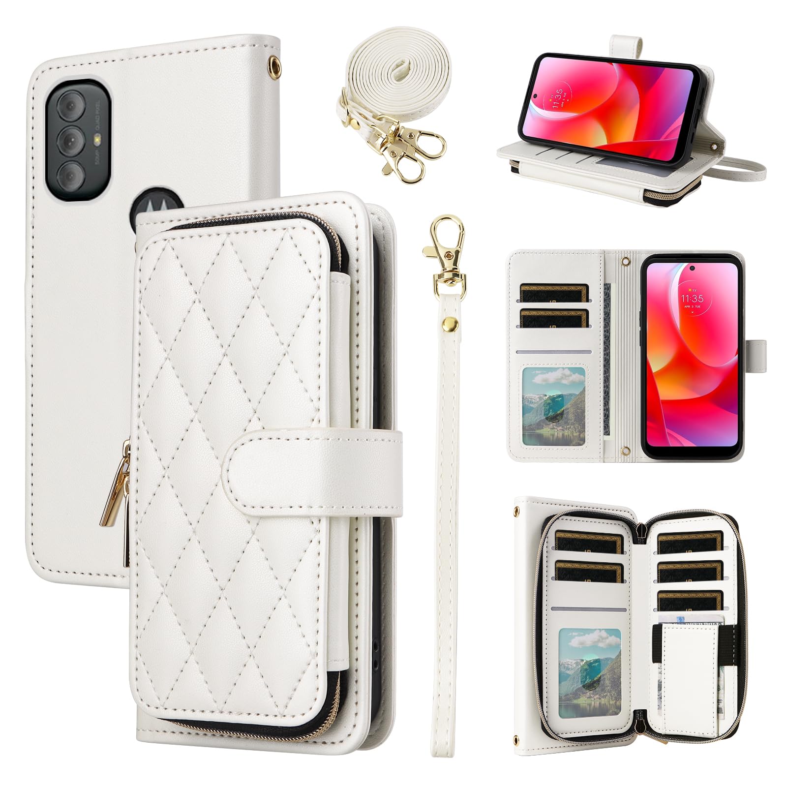 Furiet Argyle Wallet Case for Motorola Moto G Power 2022/MotoG Play 2023/G Pure 2021 with Wrist Strap Shoulder Strap Zipper Purse, Stand Phone Cover