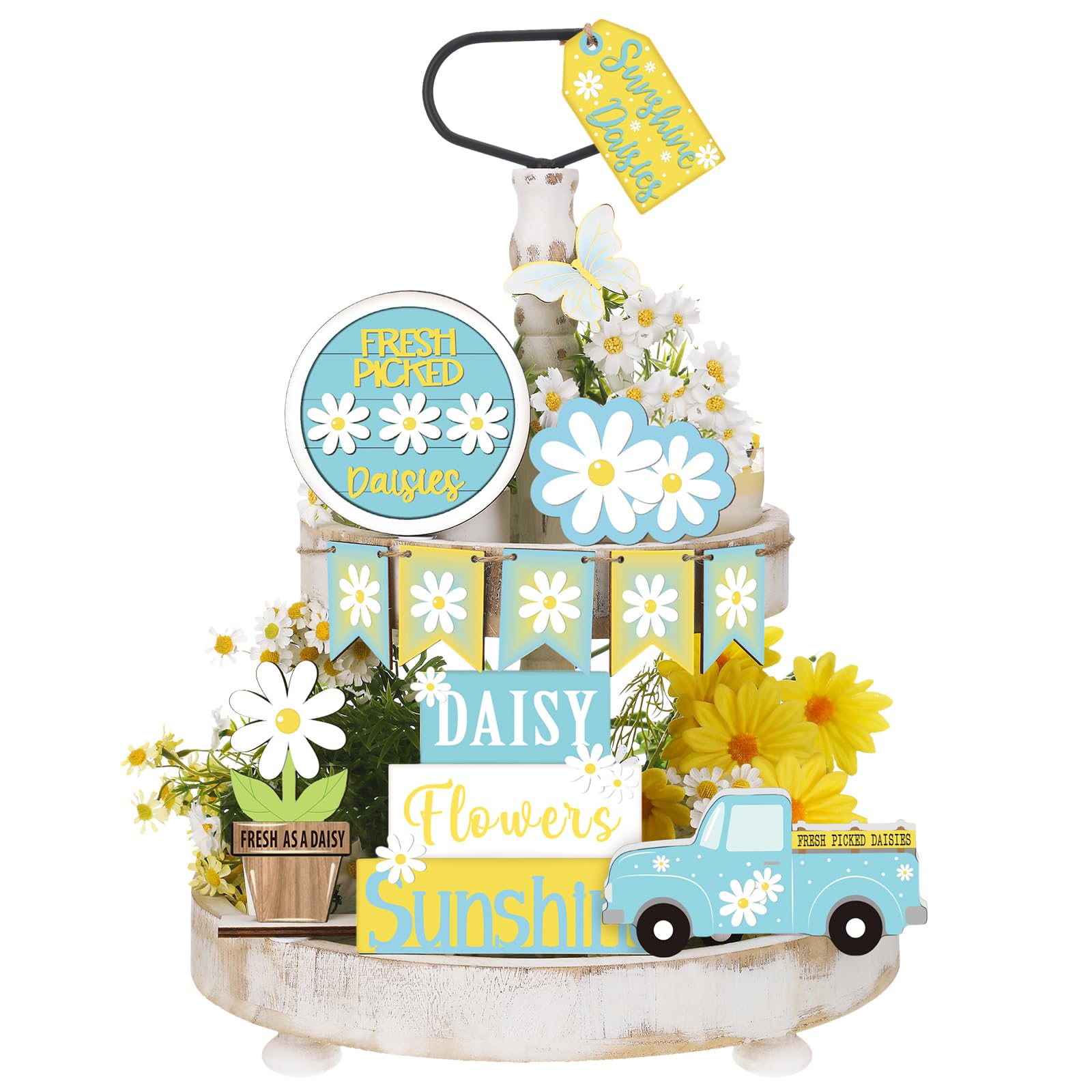 Photo 1 of 12 Pcs Spring Daisy Tiered Tray Decor Set, Table Block Sign Wooden Daisy Flower Tabletop Decorations Farmhouse Rustic Sunshine Flower Car Decor for Spring Party Home Kitchen