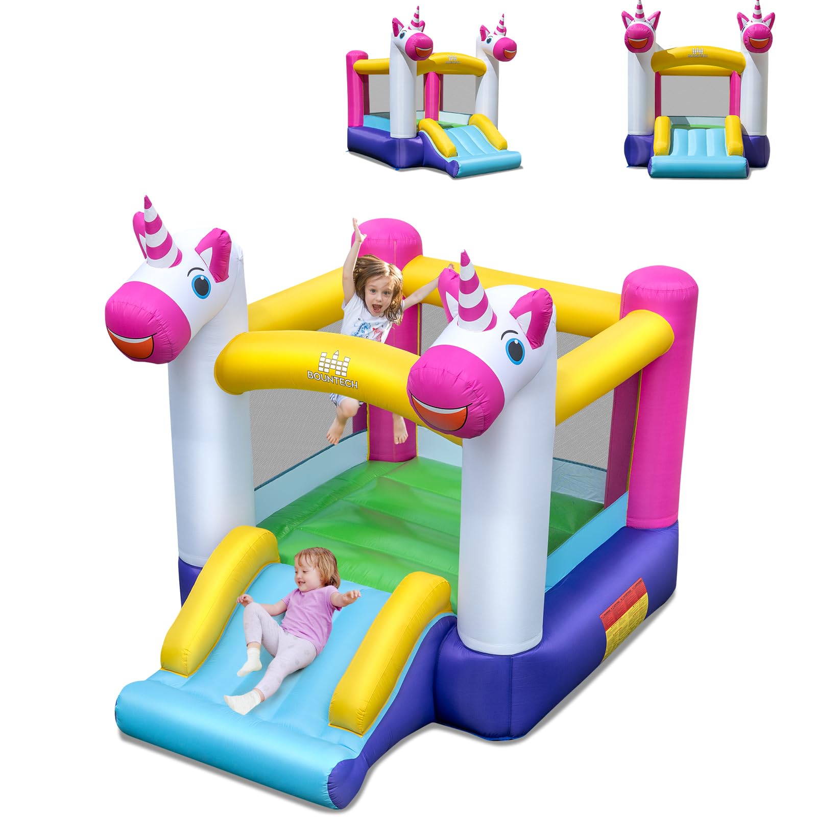 COSTWAY Château Gonflable sur Thème Licorne avec Toboggan et Maison de Saut, Aire de Jeux Gonflable en Tissu Oxford avec Sac de Transport, Intérieur Extérieur jusqu'à 2 Enfants de 3-12 Ans