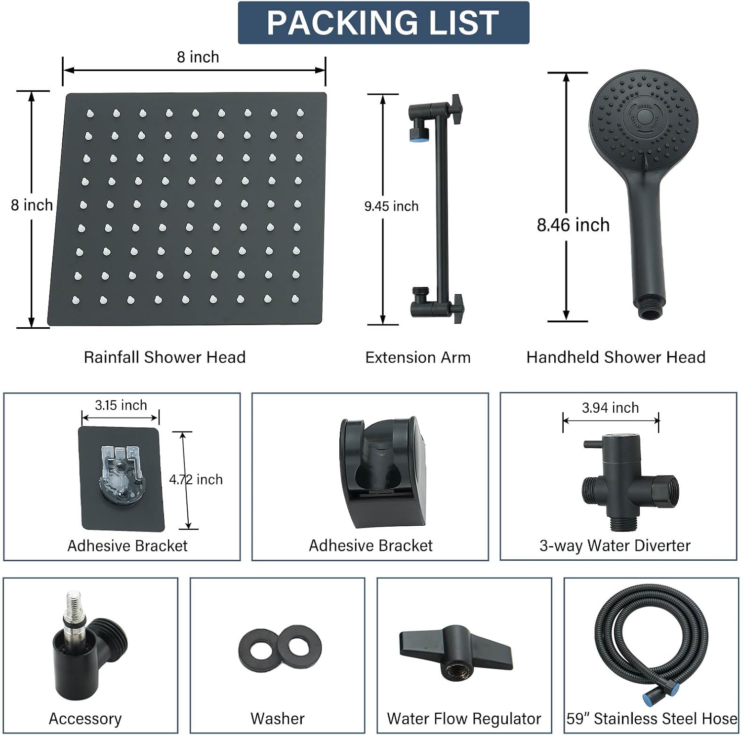 Matte Black Shower Head, High Pressure Rainfall 8 Inch Shower Head/Handheld Showerhead Combo with 10" Extension Arm, Height/Angle Adjustable