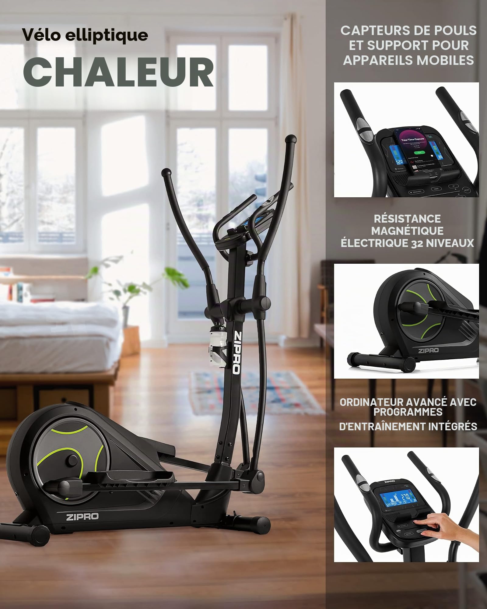 Zipro Crosstrainer Heat, elliptique jusqu'à 150 kg, équipement d'entraînement Cardio à Domicile, Appareil de Fitness, Machines d'exercice, vélo elliptique, 32 Niveaux de résistance
