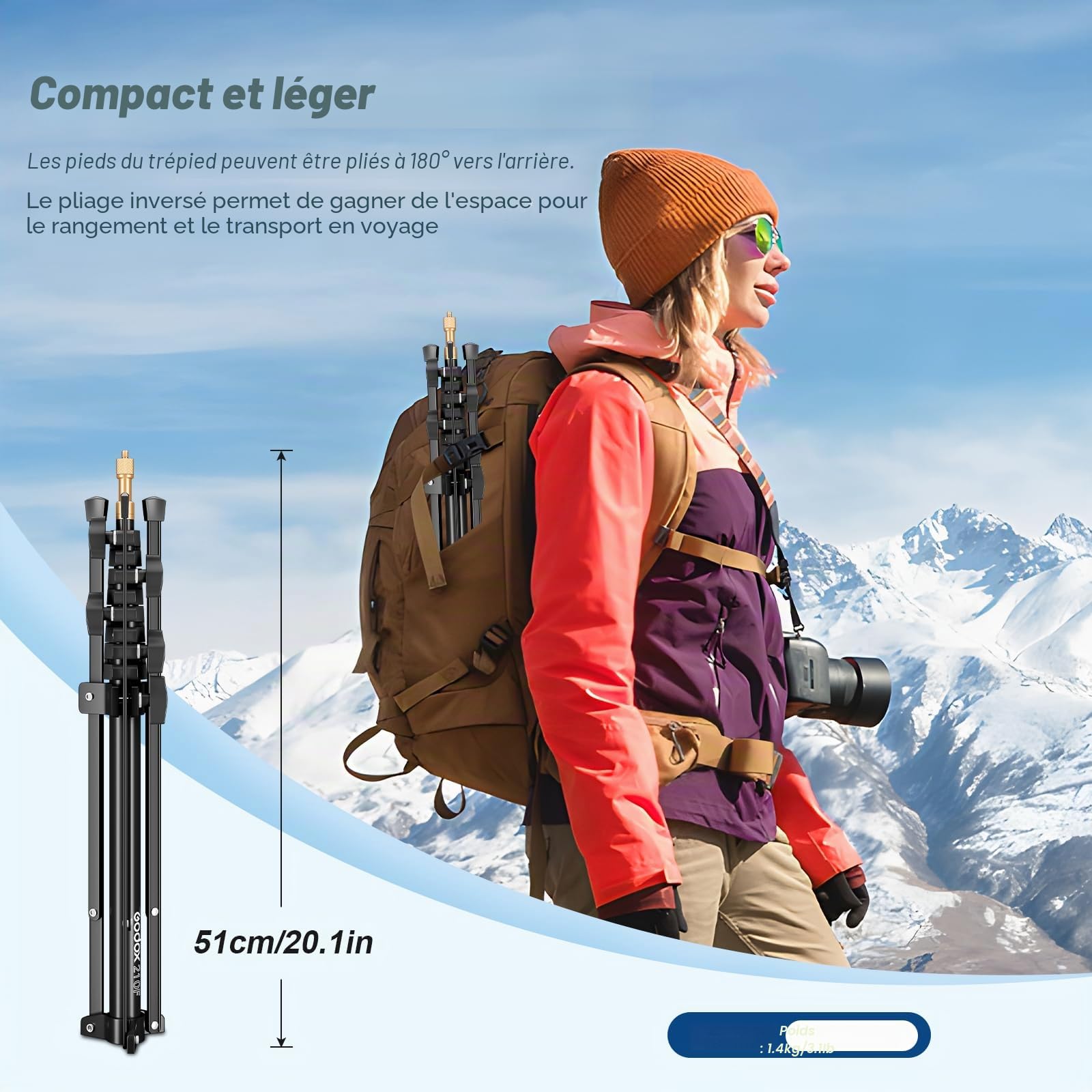 Godox Support de lumière Extensible 210 cm/83,9 Pouces avec vis Universelle 1/4" et 3/8" Réversible Portable Studio Lighting Trépied avec Sac de Transport pour boîte à lumière stroboscopique