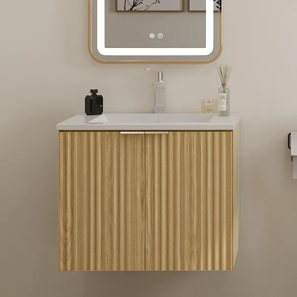 Chyanmoo Modern Bathroom Vanity with Sink and Wavy Textured Doors - Wall Mounted Floating Cabinet, Soft-Close Waterproof Storage for Small Bathroom, Easy Install (Nature with Sink, 24)