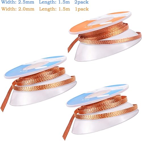 Miniatura 2 de Mechas de soldadura, paquete de 3 mechas trenzadas de soldadura sin limpiar para herramienta de eliminación de soldadura, 0.1/0.08 pulgadas de ancho