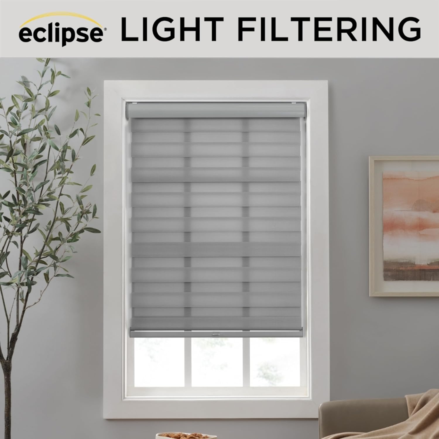 Eclipse Zebra Cordless Roller Shades, Dual Layer Fabric Window Shades, Light Filtering Shades for Privacy, Easy Lift Blinds with Cassette Valance, 23 in Wide x 72 in Long, in Grey