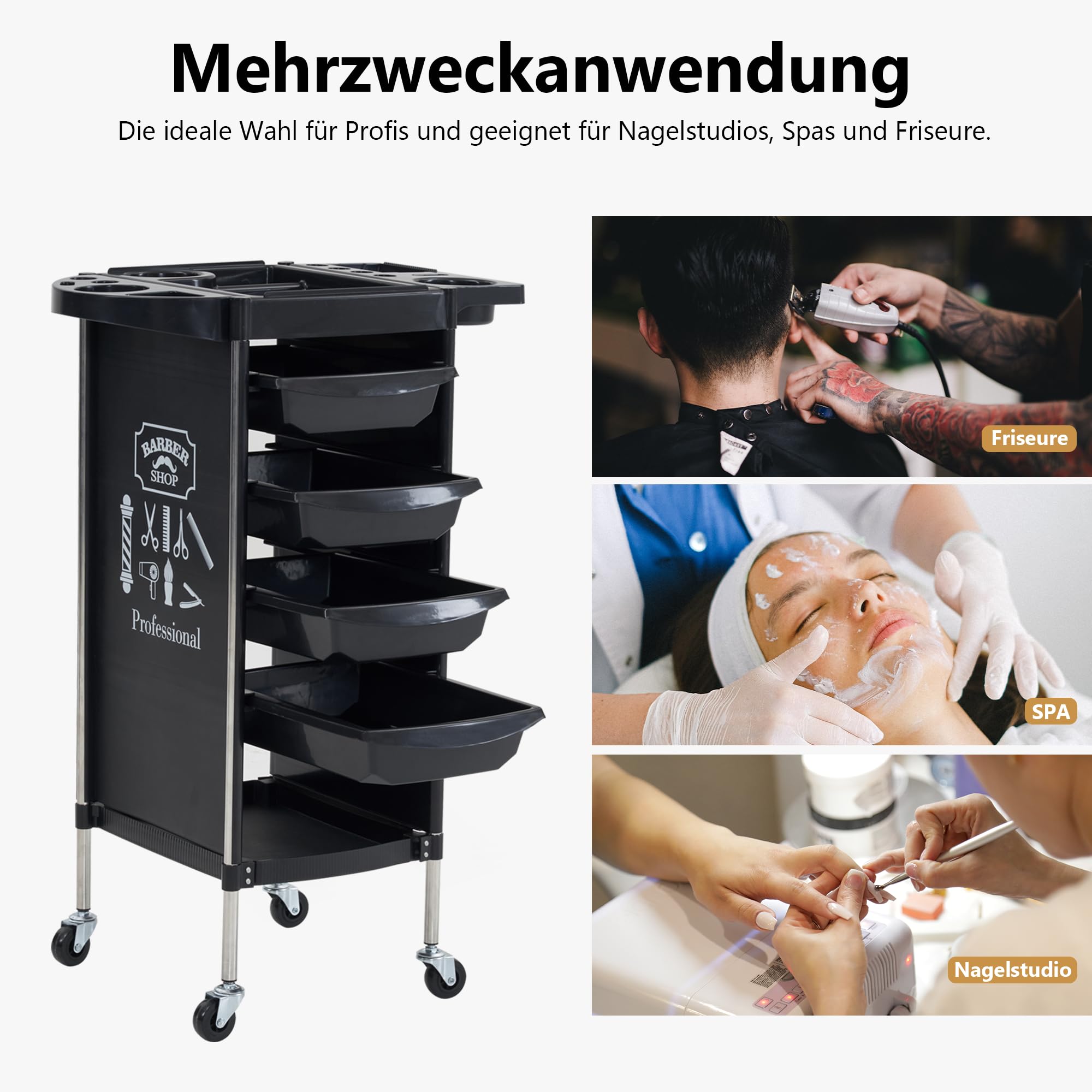 Barberpub Friseurwagen mit 4 Schubladen und Rollen, Drehbar, 36 x 52,5 x 84,5 cm, Schwarz