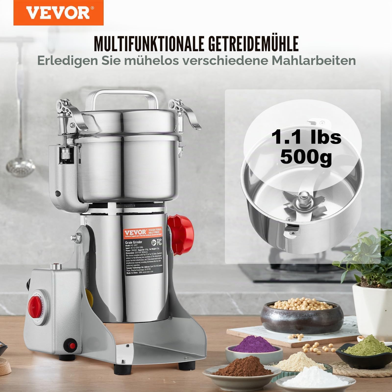 VEVOR elektrische Getreidemühle Hochgeschwindigkeits-Gewürzmühle 500 g mit 2000 W, Pulverisiermaschine aus Edelstahl, für trockene Körner Gewürze Müsli Kaffee Mais Pfeffer Schwenktyp 22 x 19 x 36 cm