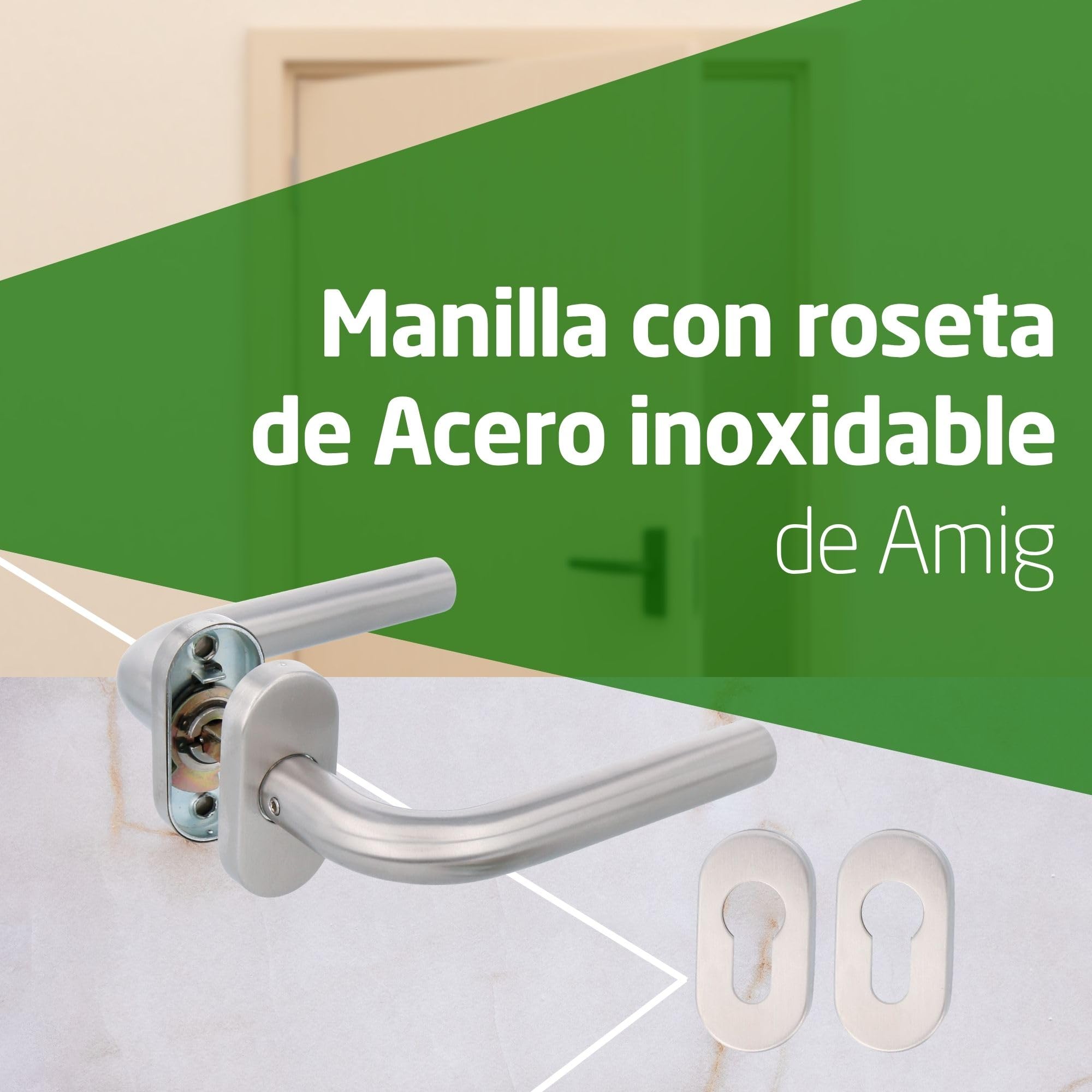 Amig - Juego de manillas Modelo 4 “O” con placa ovalada - Acero inoxidable 18/8-136x19(diámetro) mm - Roseta de acero niquelado de 65x31mm